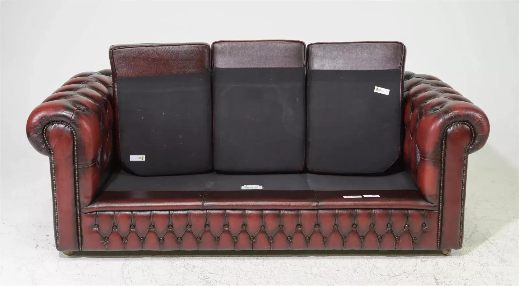 British, Red Leather, Button Tufted, 3- Seater, From England, Chesterfield Sofa! 2