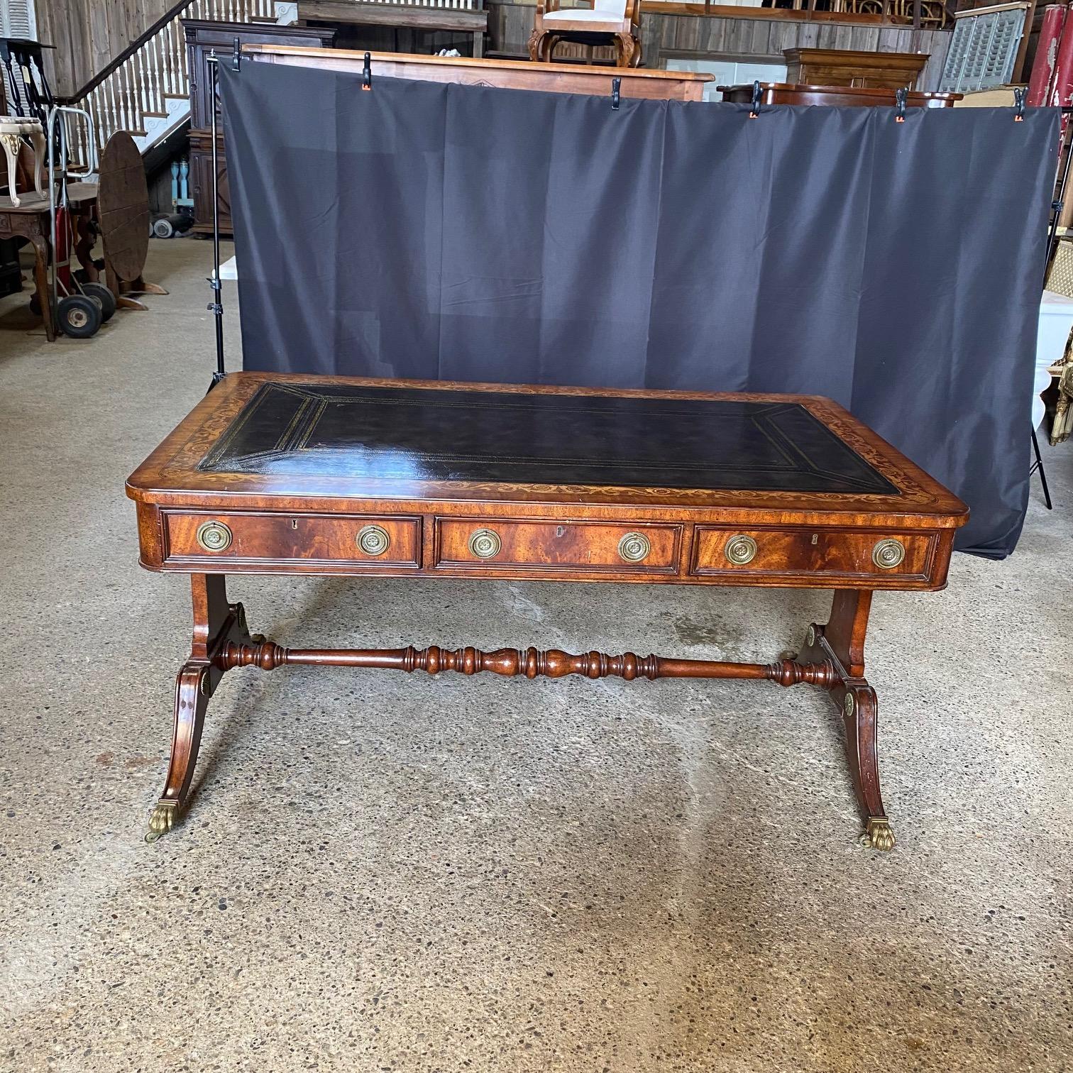 British Regency Style Maitland Smith Mahogany Partners Two Sided Desk 12