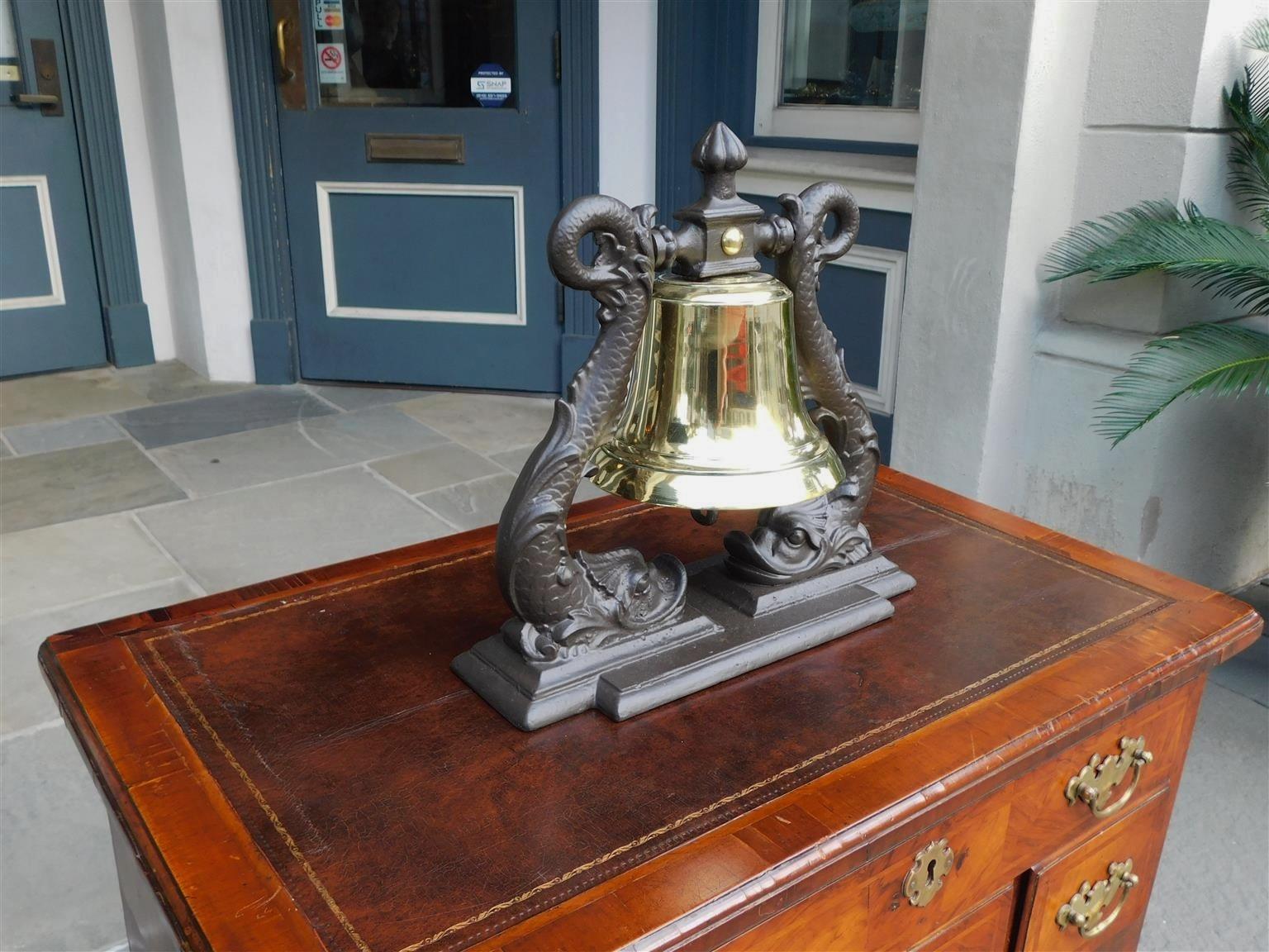 William IV British Royal Navy Admiral Brass Ship Bell on Dolphin Cast Iron Yoke, c. 1840