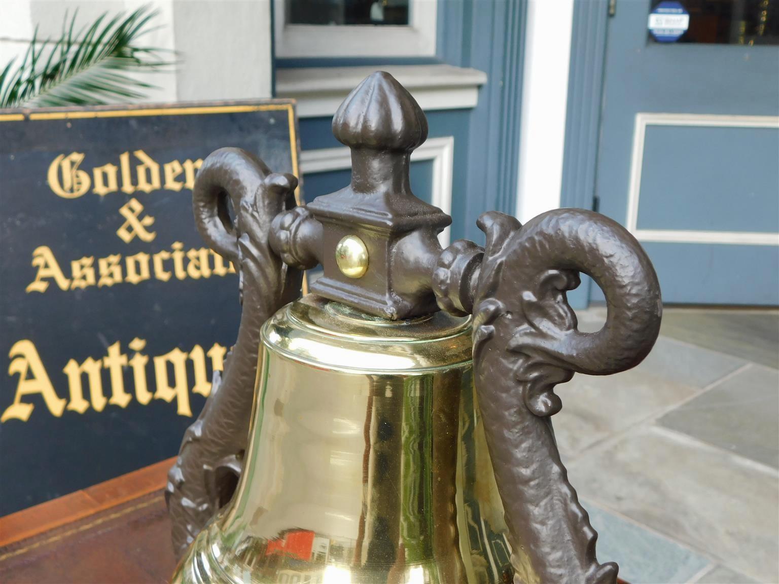 British Royal Navy Admiral Brass Ship Bell on Dolphin Cast Iron Yoke, c. 1840 In Excellent Condition In Hollywood, SC