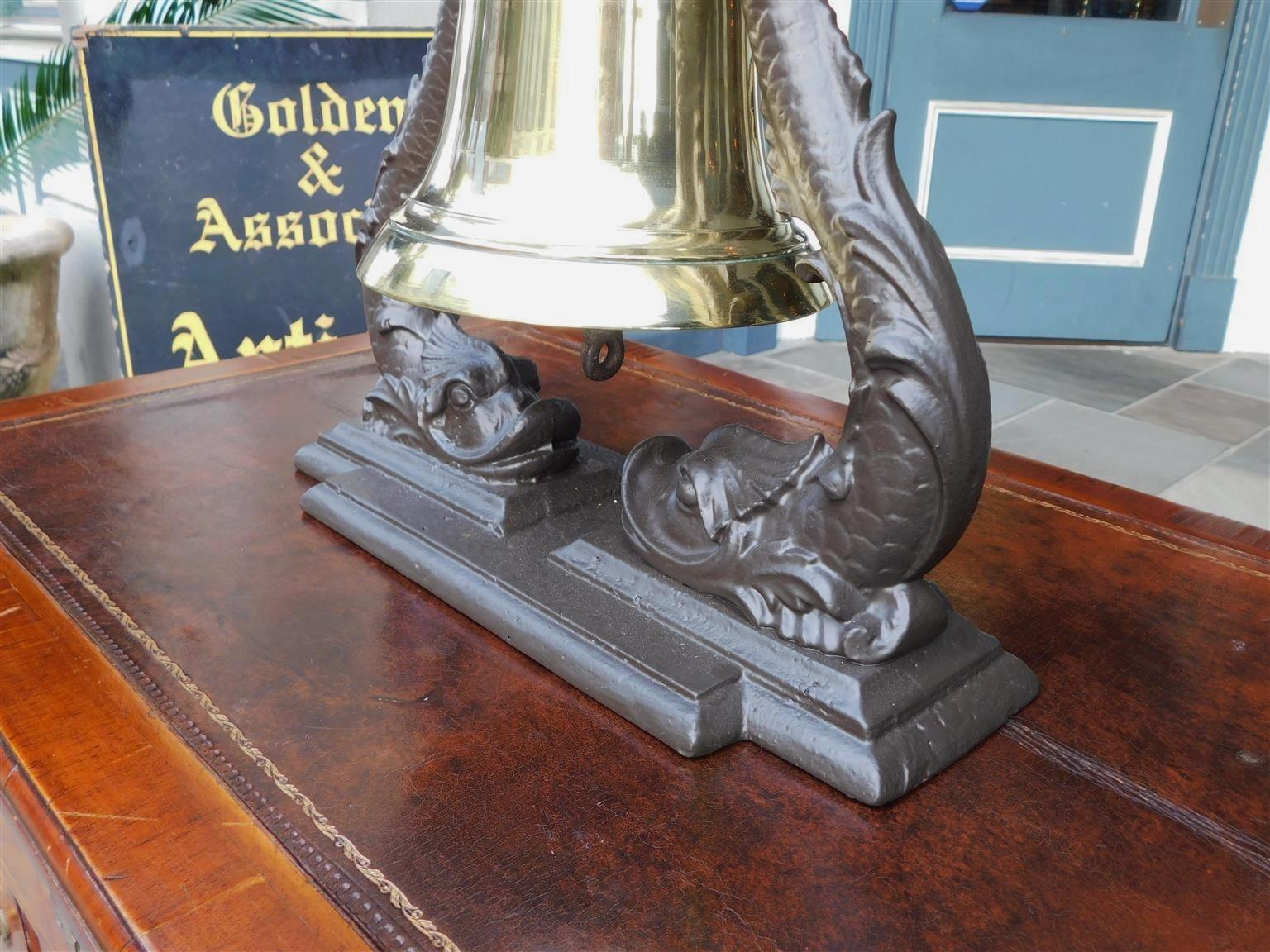 Mid-19th Century British Royal Navy Admiral Brass Ship Bell on Dolphin Cast Iron Yoke, c. 1840