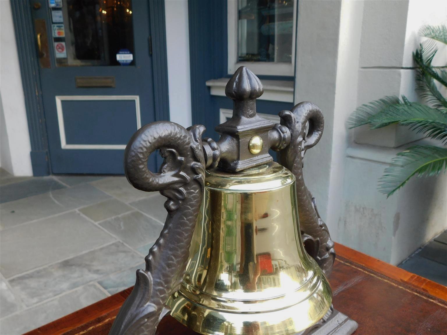 British Royal Navy Admiral Brass Ship Bell on Dolphin Cast Iron Yoke, c. 1840 1