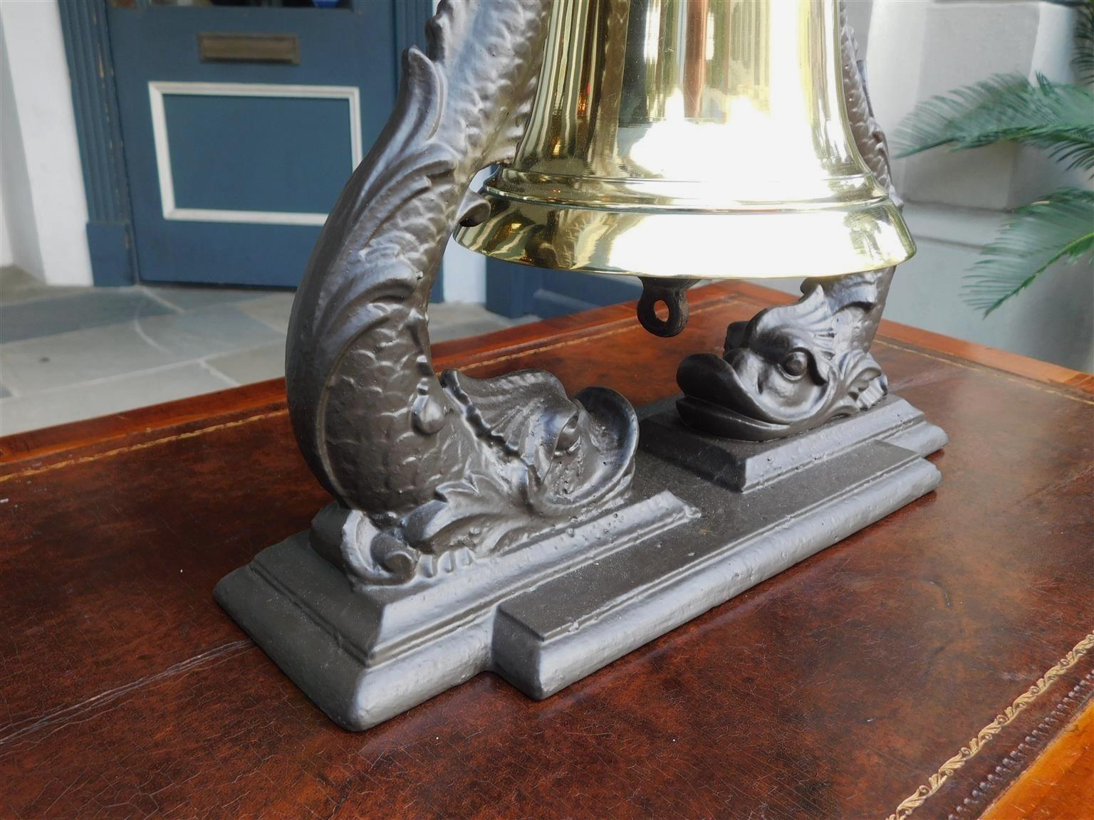 British Royal Navy Admiral Brass Ship Bell on Dolphin Cast Iron Yoke, c. 1840 2