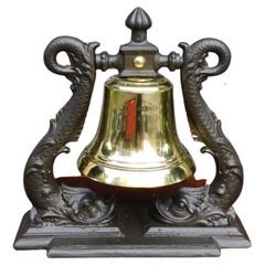 British Royal Navy Admiral Brass Ship Bell on Dolphin Cast Iron Yoke, c. 1840