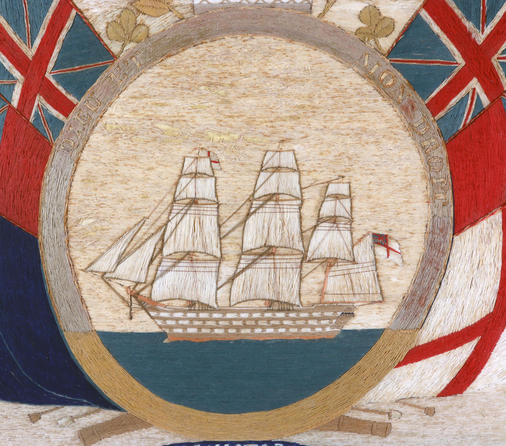 British Sailor's Flag of Nations Woolwork of HMS Victoria
circa 1875

The large sailor's woolie depicts a view of portside view of HMS Victoria within a central porthole view which is surmounted with a crown and the white rose of England and the