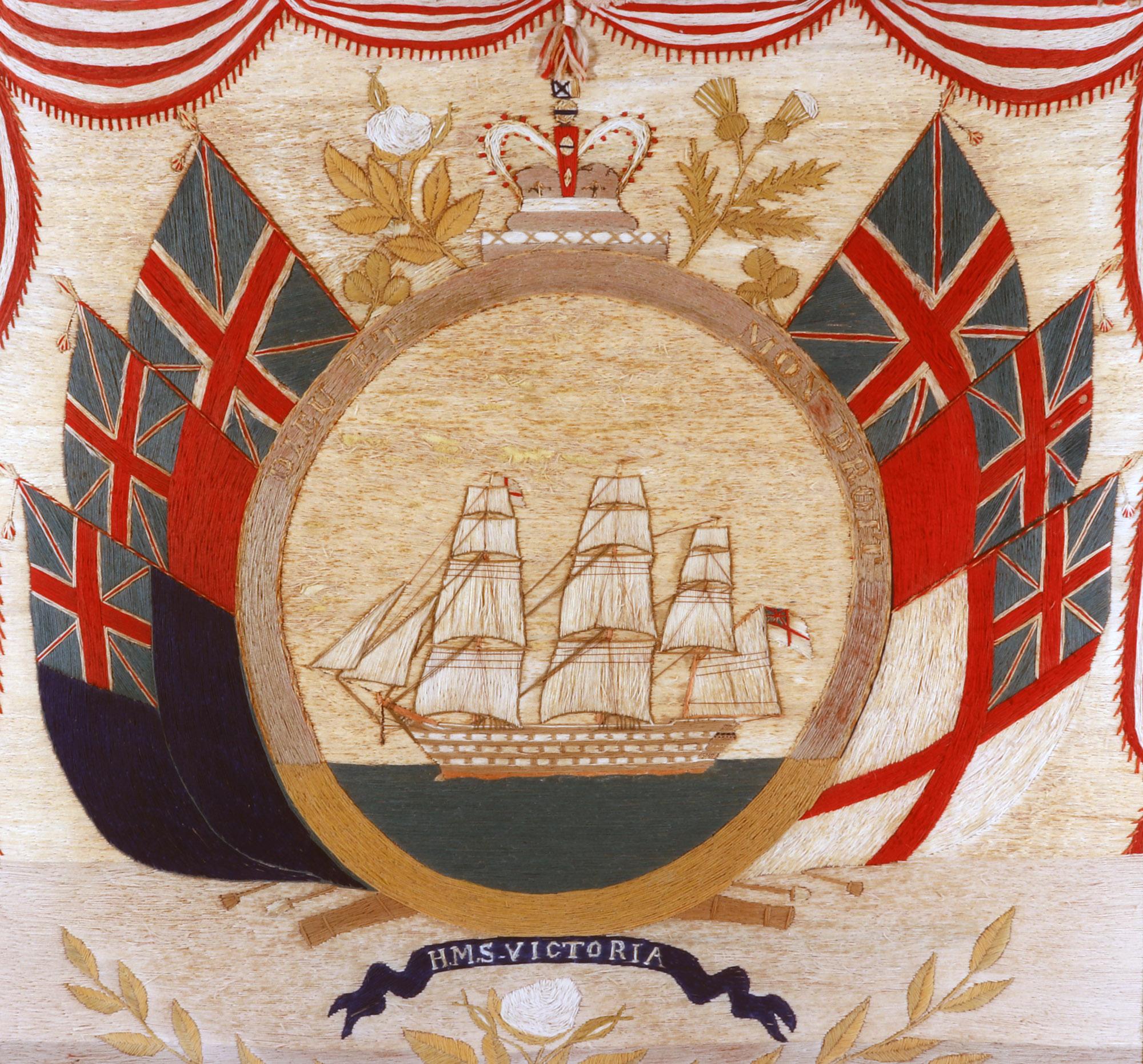 Folk Art British Sailor's Flag of Nations Woolwork of HMS Victoria