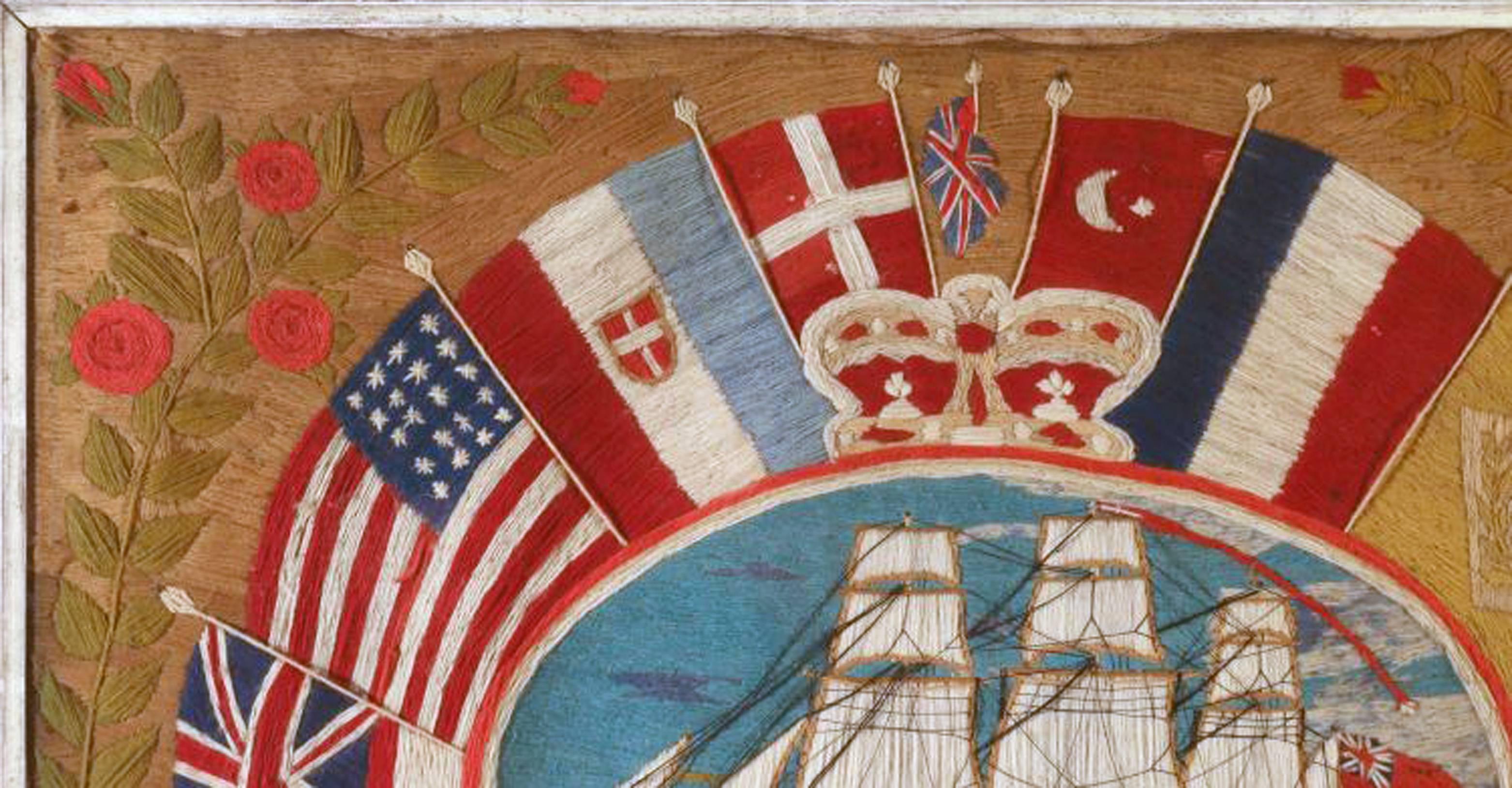 Folk Art British Sailor's Flag of Nations Woolwork, HMS Trafalgar, 91 Guns, circa 1865