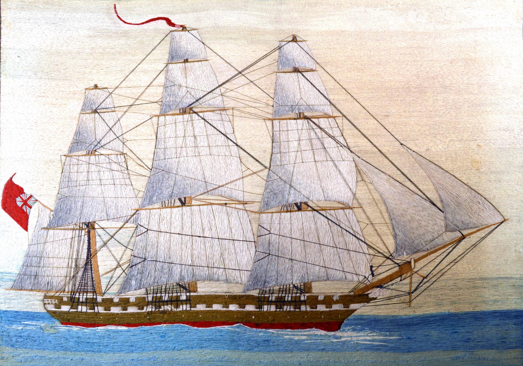 British Sailor's large woolwork of a royal navy ship under full sail,
circa 1875

The sailor's woolie or woolwork depicts a starboard side view of a three-masted square-rigged Royal Navy ship under full sail flying the Red Ensign and a fluttering