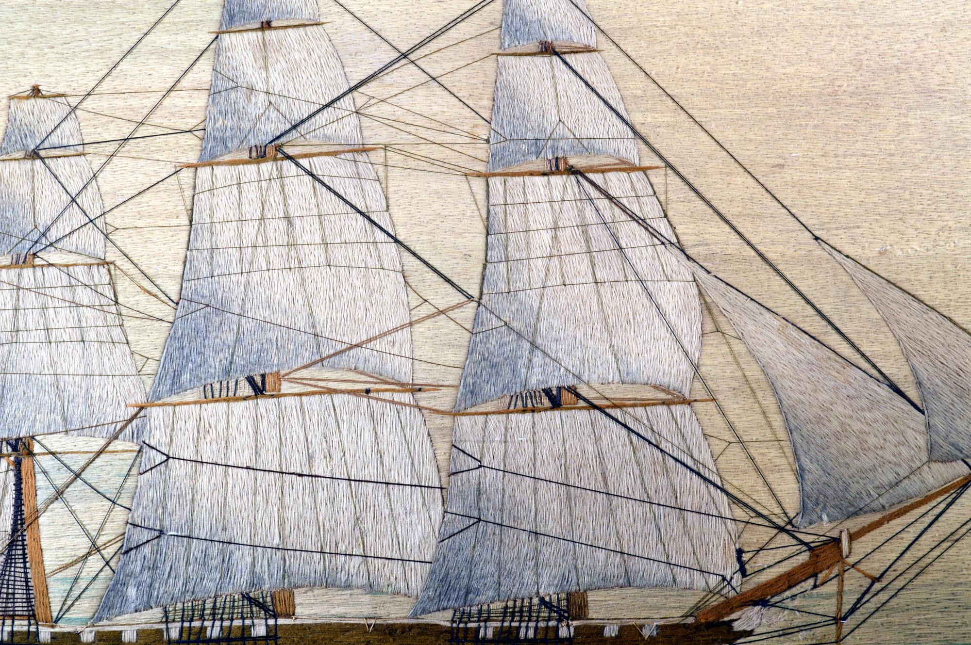 Folk Art British Sailor's Large Woolwork of a Royal Navy Ship Under Full Sail For Sale
