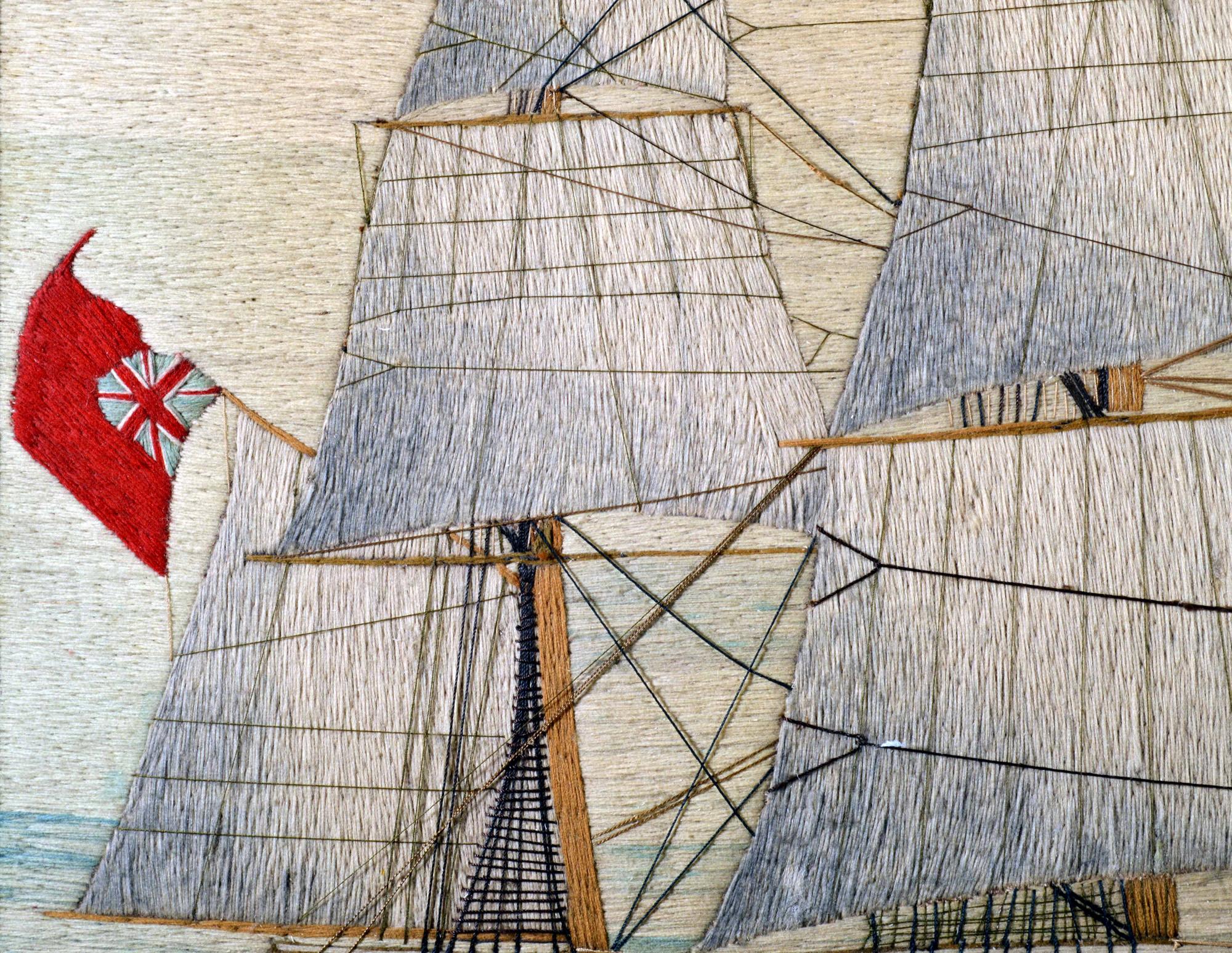 English British Sailor's Large Woolwork of a Royal Navy Ship Under Full Sail For Sale