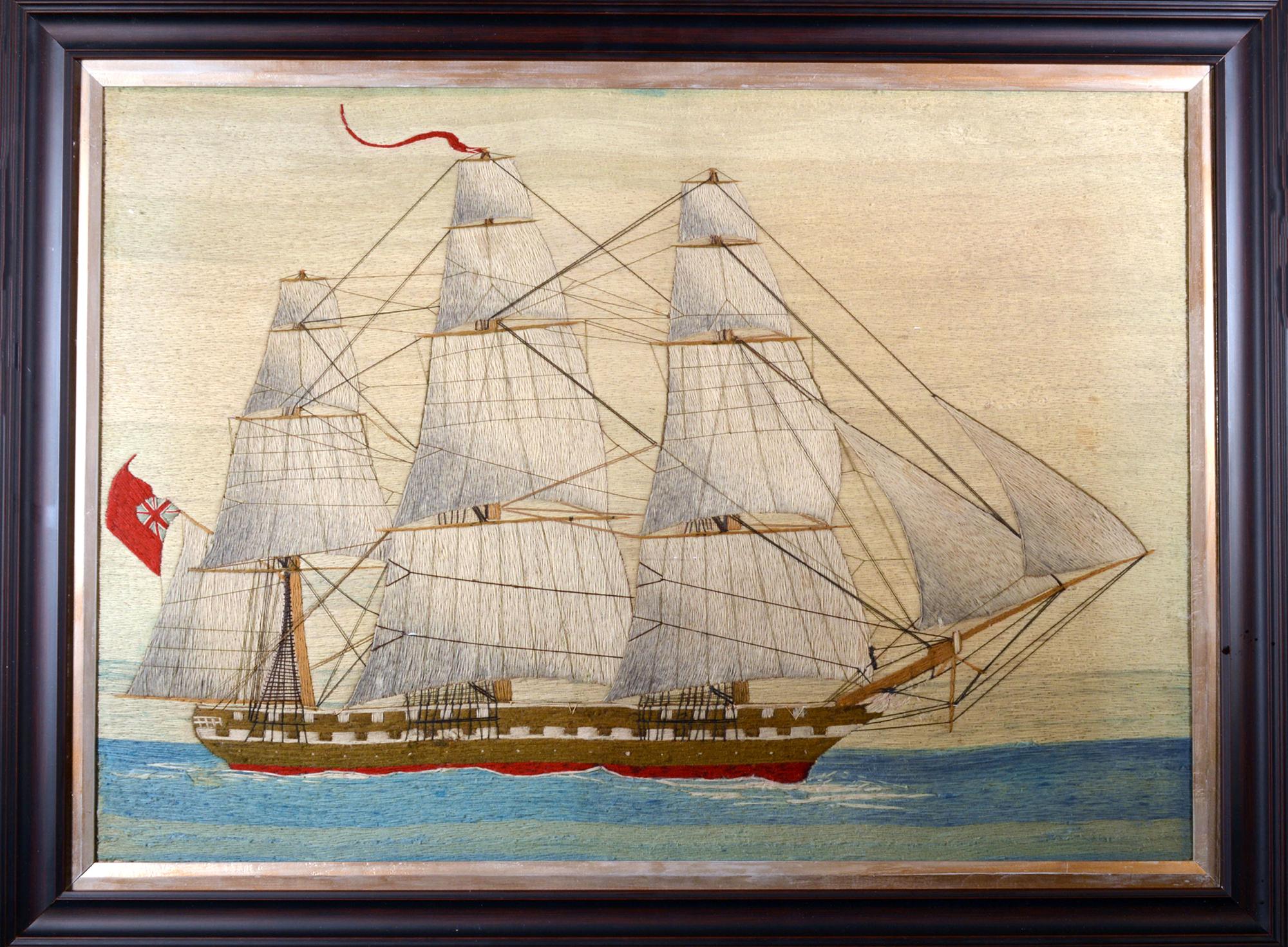 19th Century British Sailor's Large Woolwork of a Royal Navy Ship Under Full Sail For Sale