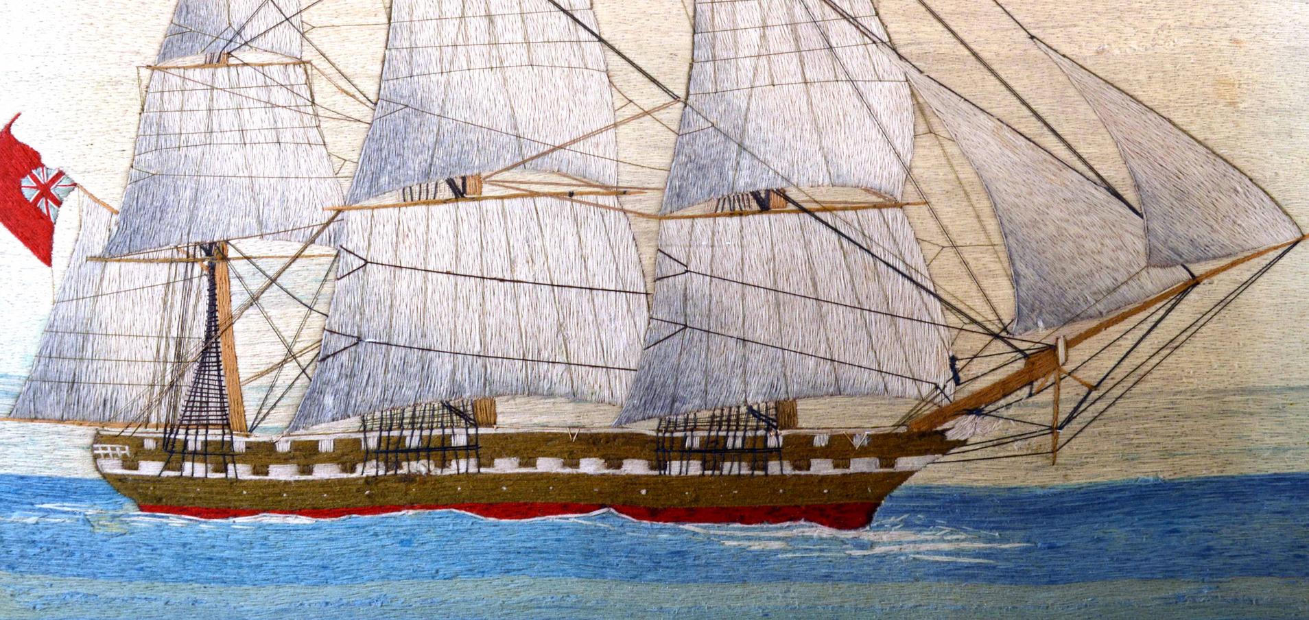 British Sailor's Large Woolwork of a Royal Navy Ship Under Full Sail For Sale 1