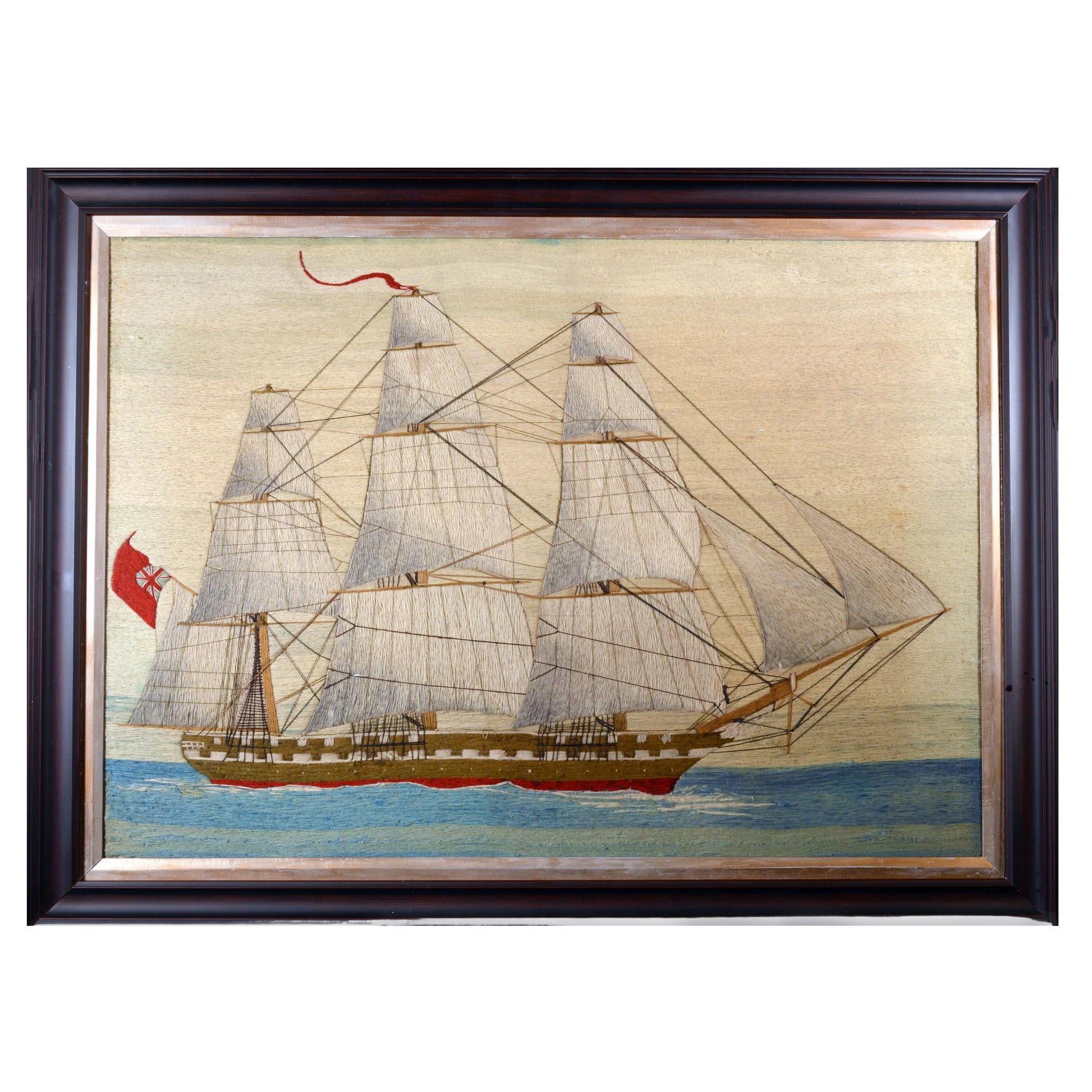 British Sailor's Large Woolwork of a Royal Navy Ship Under Full Sail