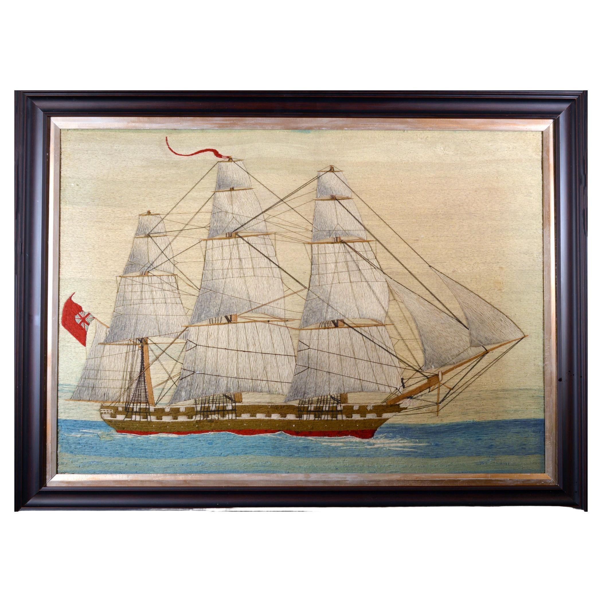 British Sailor's Large Woolwork of a Royal Navy Ship Under Full Sail For Sale