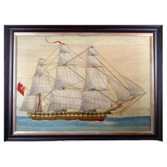 Antique British Sailor's Large Woolwork of a Royal Navy Ship Under Full Sail
