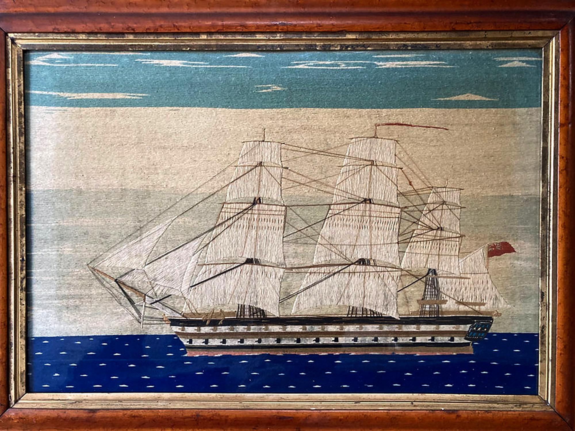British Sailor's large woolwork of HMS Brunswick,
Circa 1865

The large sailor's woolwork depicts an image of a Royal Navy Second Rate Battleship. By repute she is the HMS Brunswick launched in June 1855 with eighty guns, screw propulsion and a crew