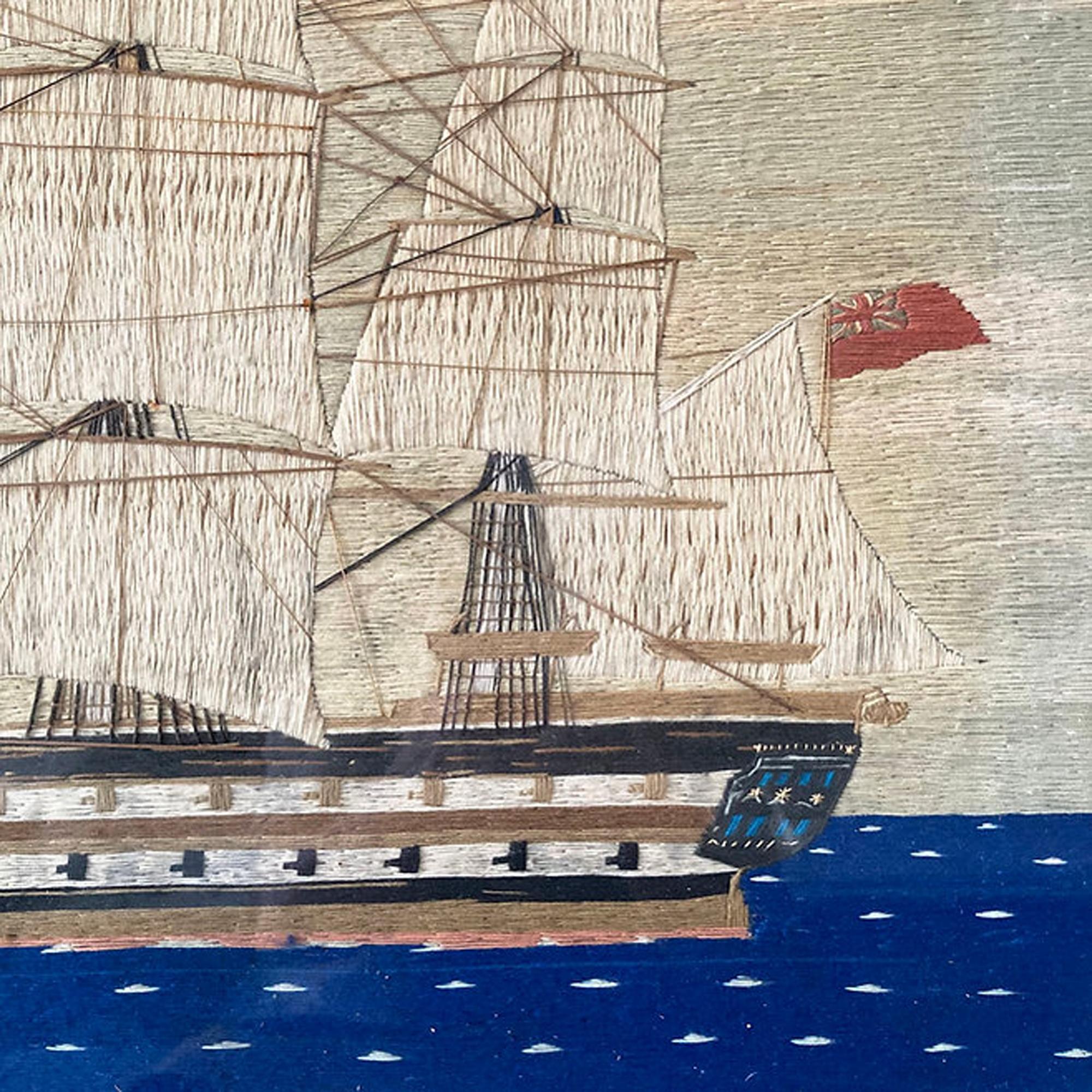Folk Art British Sailor's Large Woolwork of HMS Brunswick For Sale