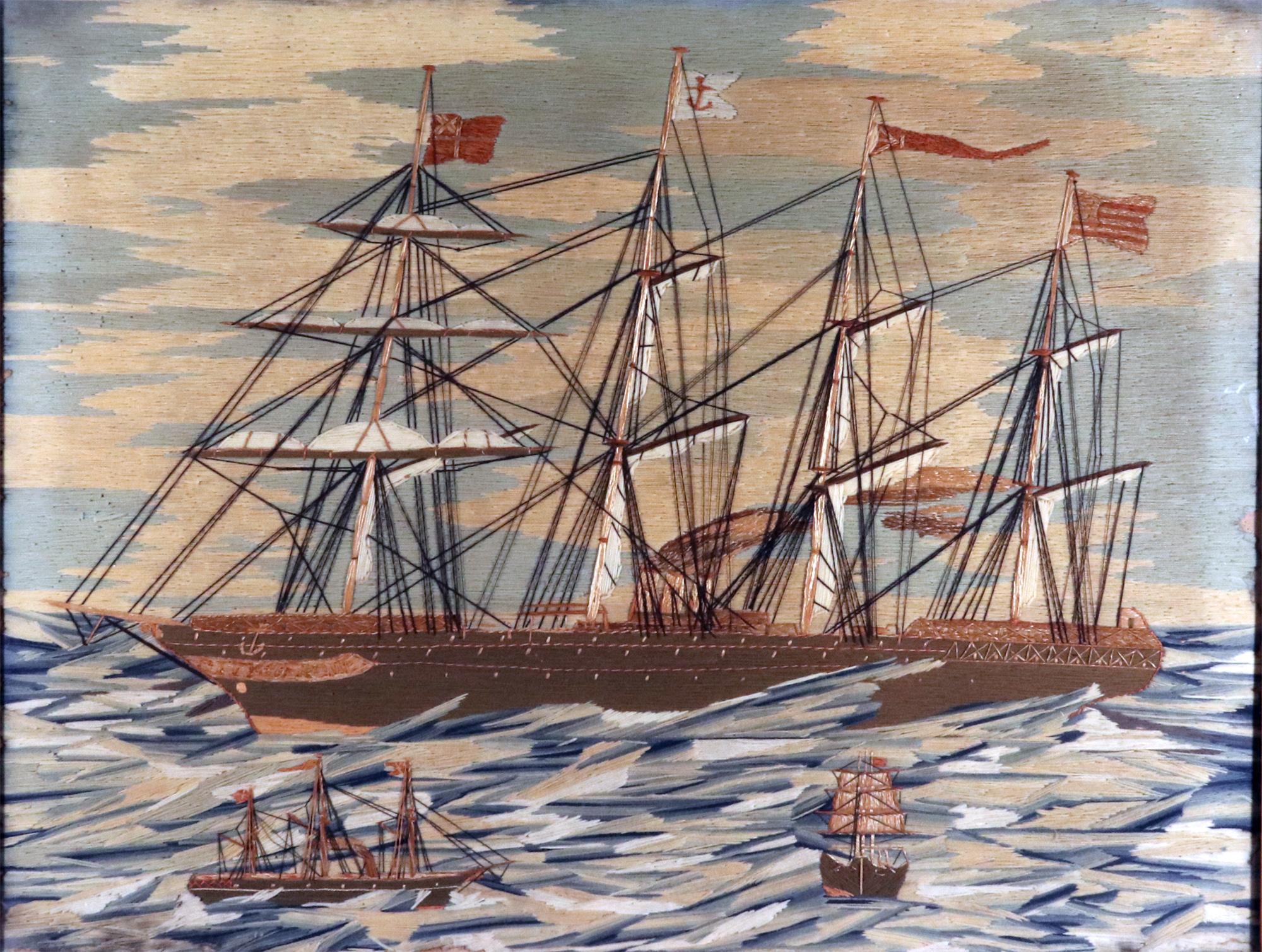 Gran obra de lana de marinero británico con barco llamado La ciudad de Roma en un mar embravecido Arte popular en venta