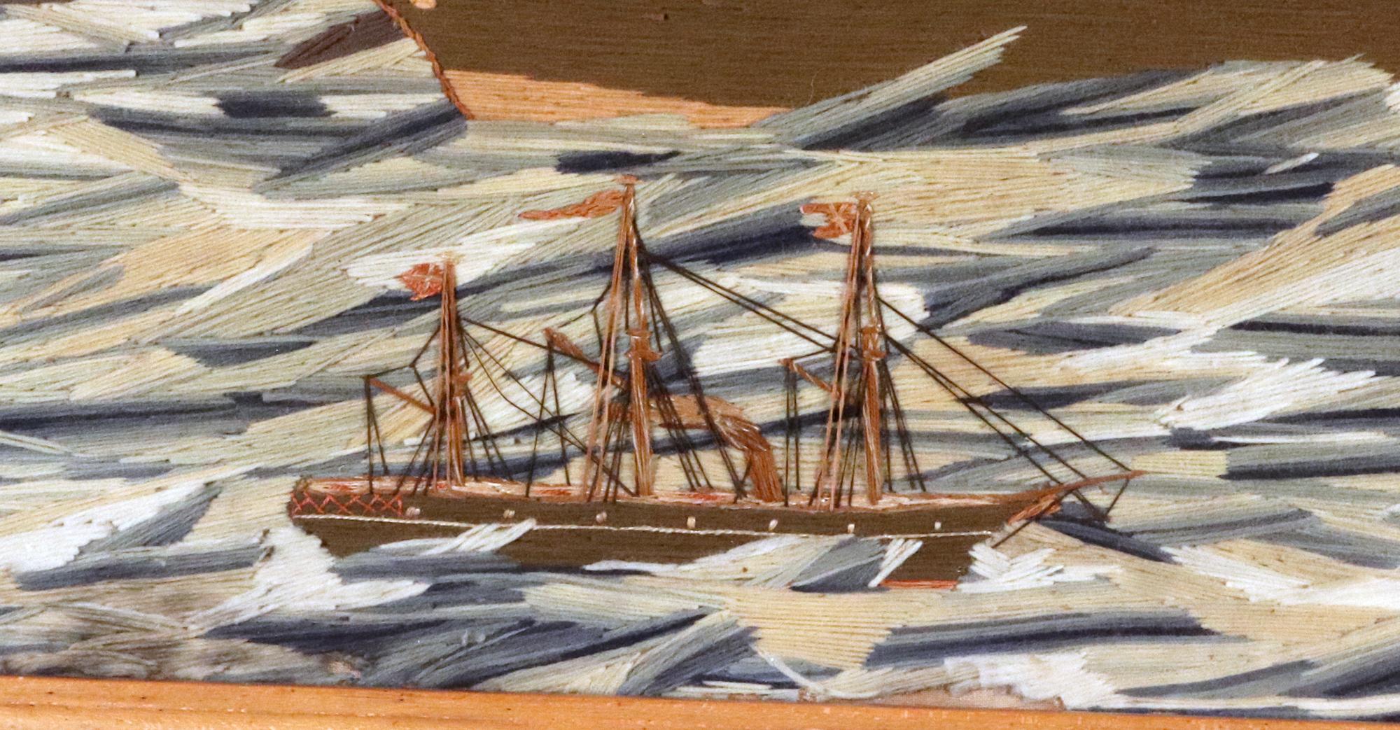 Gran obra de lana de marinero británico con barco llamado La ciudad de Roma en un mar embravecido siglo XIX en venta