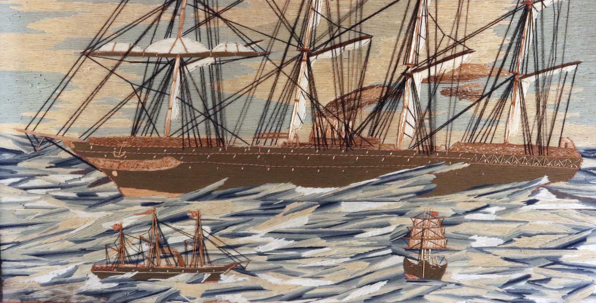 Gran obra de lana de marinero británico con barco llamado La ciudad de Roma en un mar embravecido en venta 1