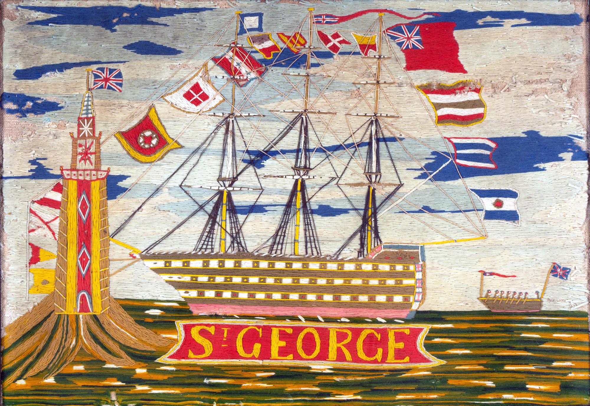 Travail de laine naïf d'un marin britannique représentant le navire de la marine royale H.M.S. St George en vente 6