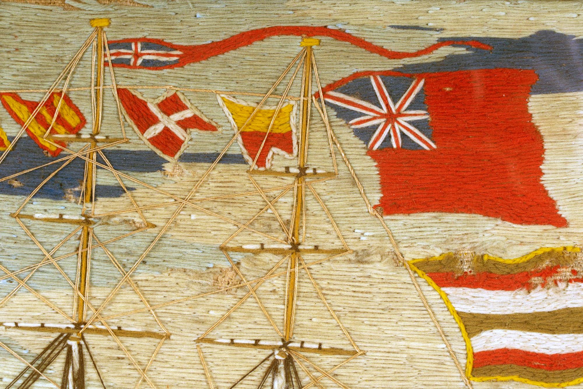19th Century British Sailor's Naive Woolwork of Royal Navy Ship H.M.S. St George For Sale