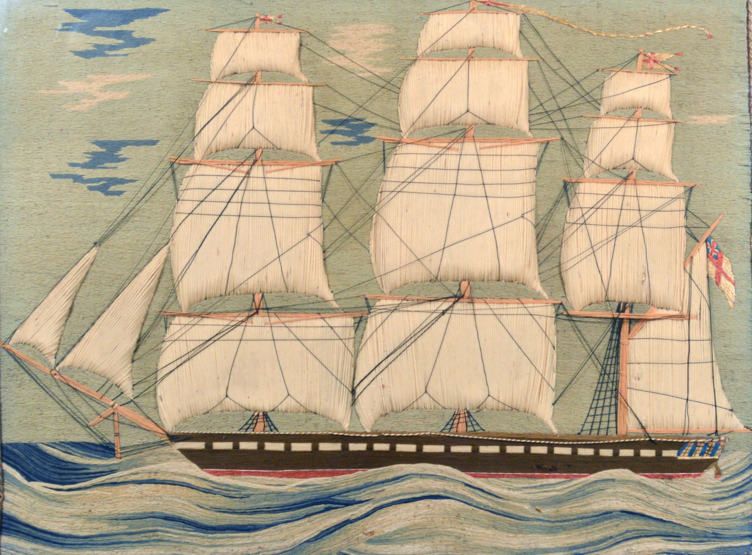 British Sailor's woolie of a Royal Navy ship with an unusual sea,
circa 1865-1885.

A large British Sailor's woolwork or woolie depicting a port side view of a three-masted Royal Navy frigate flying the White Ensign on a wonderfully designed