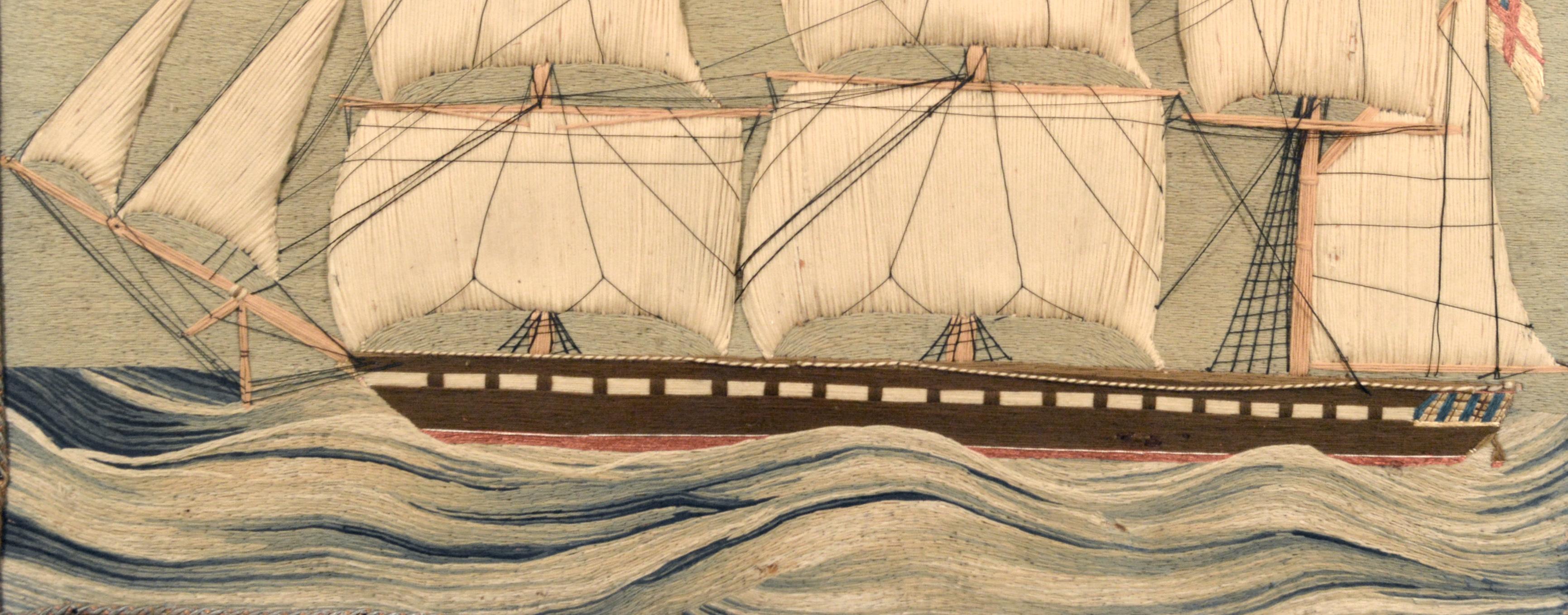 Folk Art British Sailor's Woolie of a Royal Navy Ship with an Unusual Sea circa 1865-1885