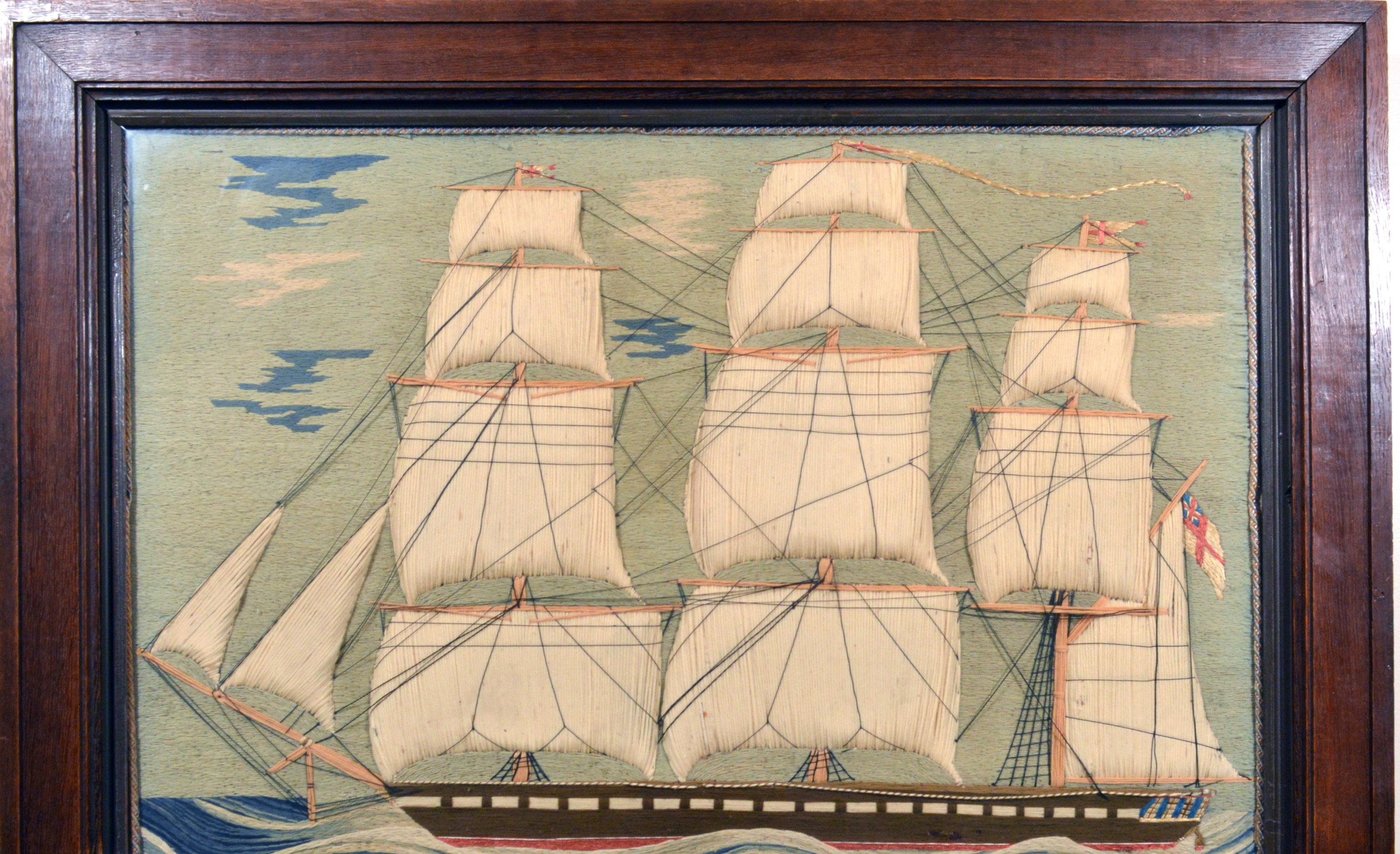 English British Sailor's Woolie of a Royal Navy Ship with an Unusual Sea circa 1865-1885