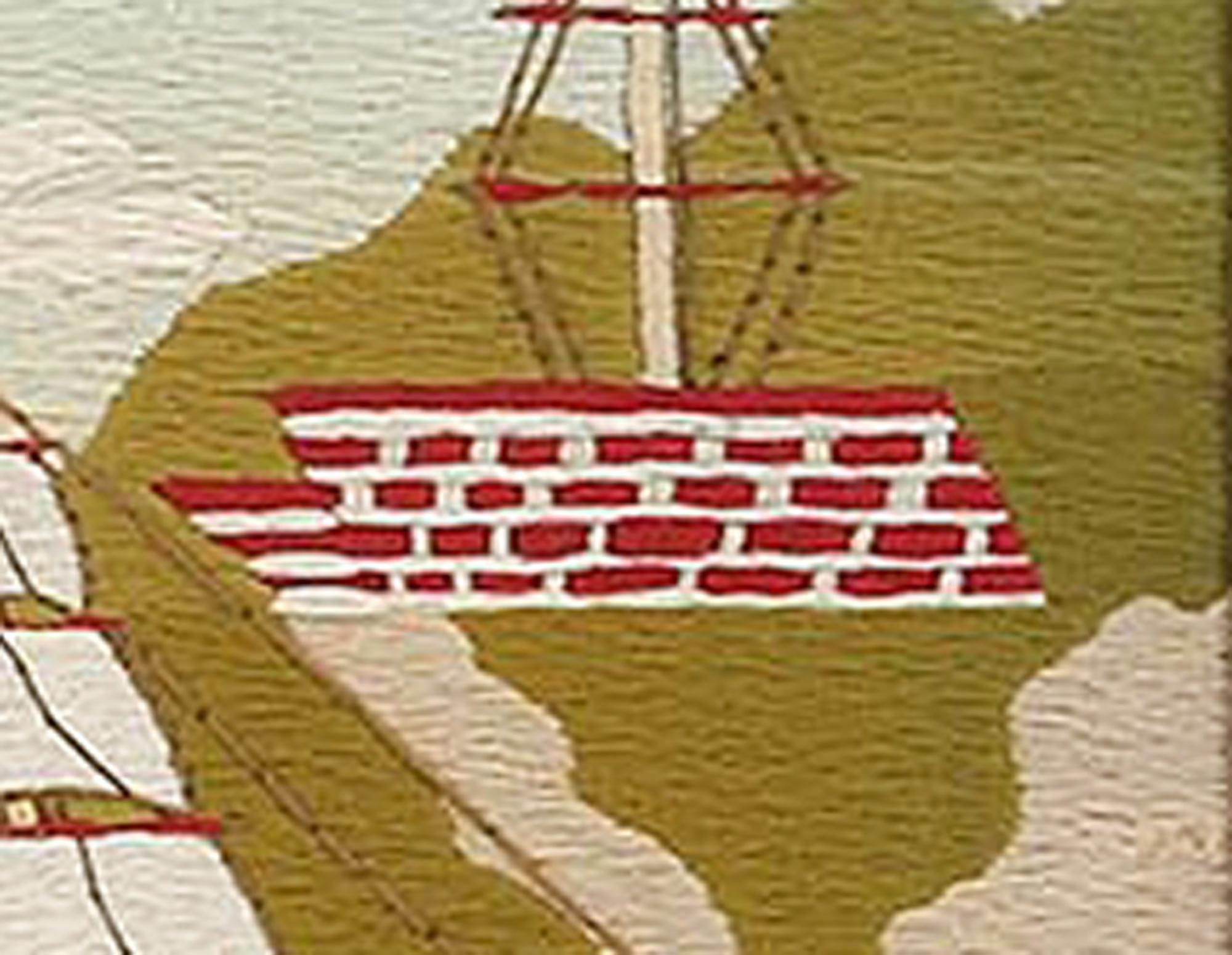 British sailor's Woolwork Folk Art Woolie of ship with cliffs behind,
circa 1875
Ref: NY9541-ninr)

A charming Folk Art sailor's woolwork or woolie depicting a starboard-side view of a First-Rate Battleship under full sail passing a signaling