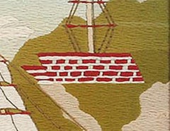 British Sailor's Woolwork Folk Art Woolie of Ship with Cliffs Behind, circa 1875