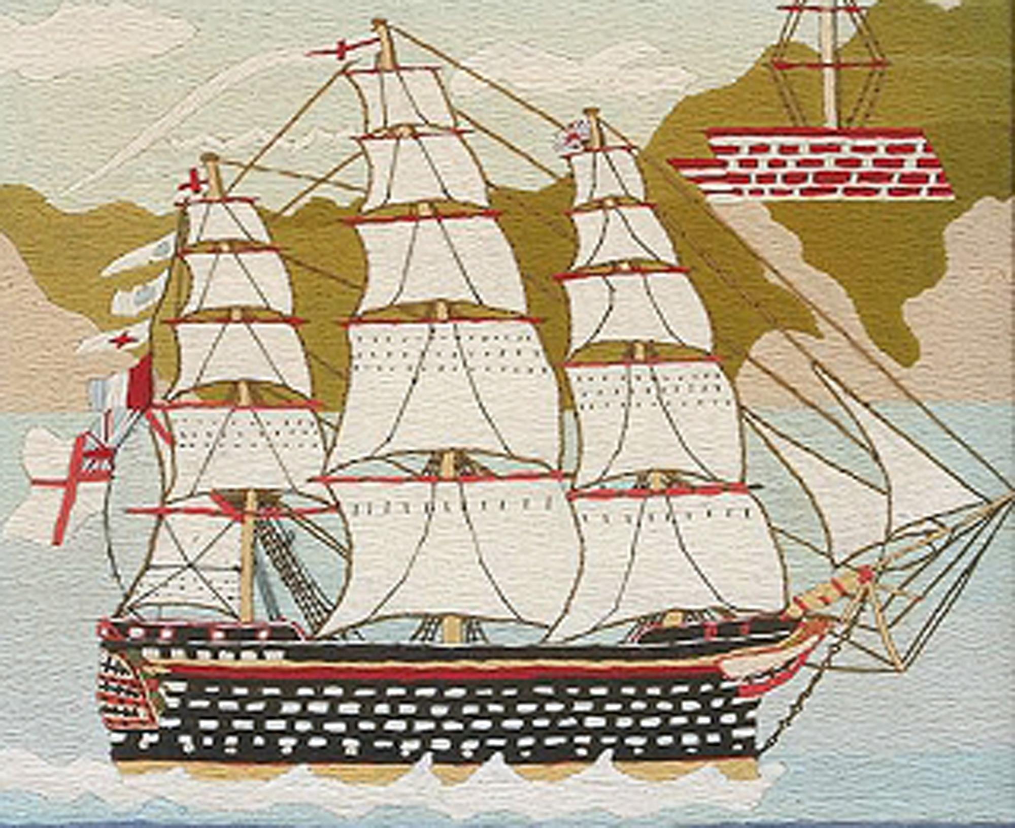 English British Sailor's Woolwork Folk Art Woolie of Ship with Cliffs Behind, circa 1875