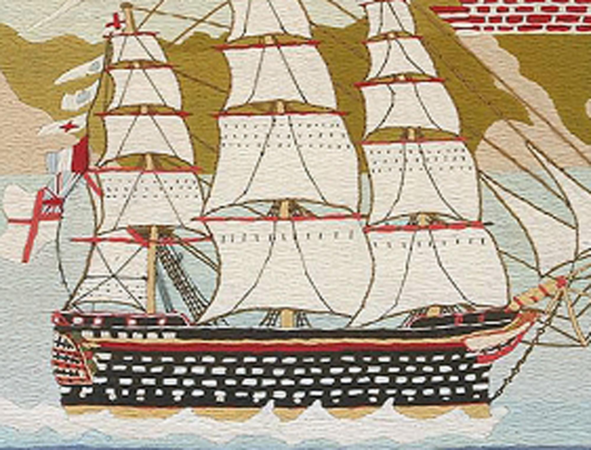 British Sailor's Woolwork Folk Art Woolie of Ship with Cliffs Behind, circa 1875 In Good Condition In Downingtown, PA