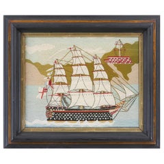 British Sailor's Woolwork Folk Art Woolie of Ship with Cliffs Behind, circa 1875