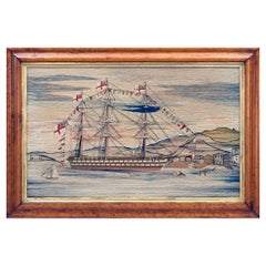 British Sailor's Woolwork eines voll ausgekleideten Schiffes mit Stadt hinter sich, um 1865