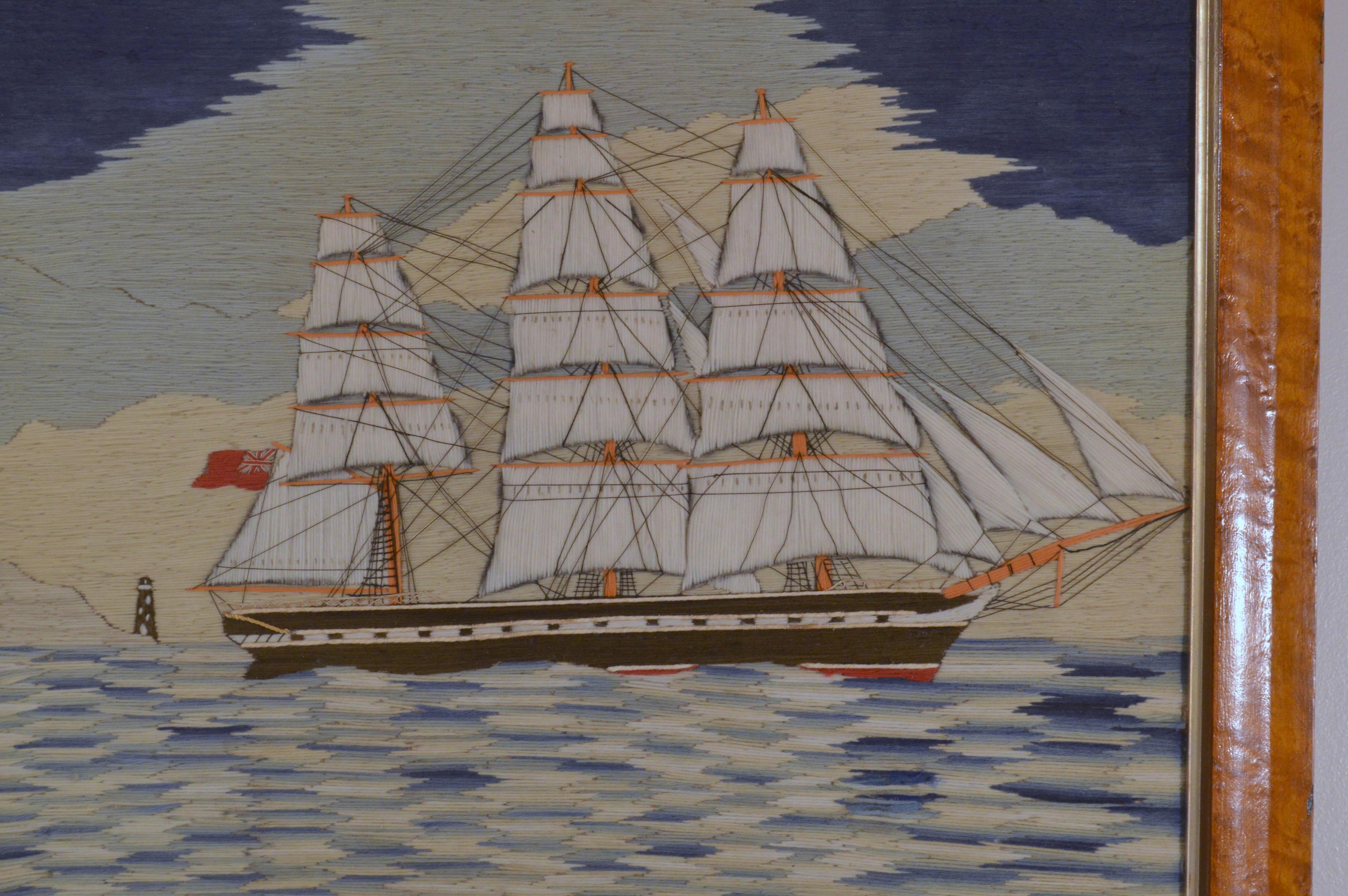 British Sailor's woolwork of a merchant navy three masted ship,
circa 1875
(Ref: NY9344-NCRR)

The sailor's wool depicts a starboard view of a three-masted merchant ship under full sail going out to sea, a promontory with a black lighthouse is
