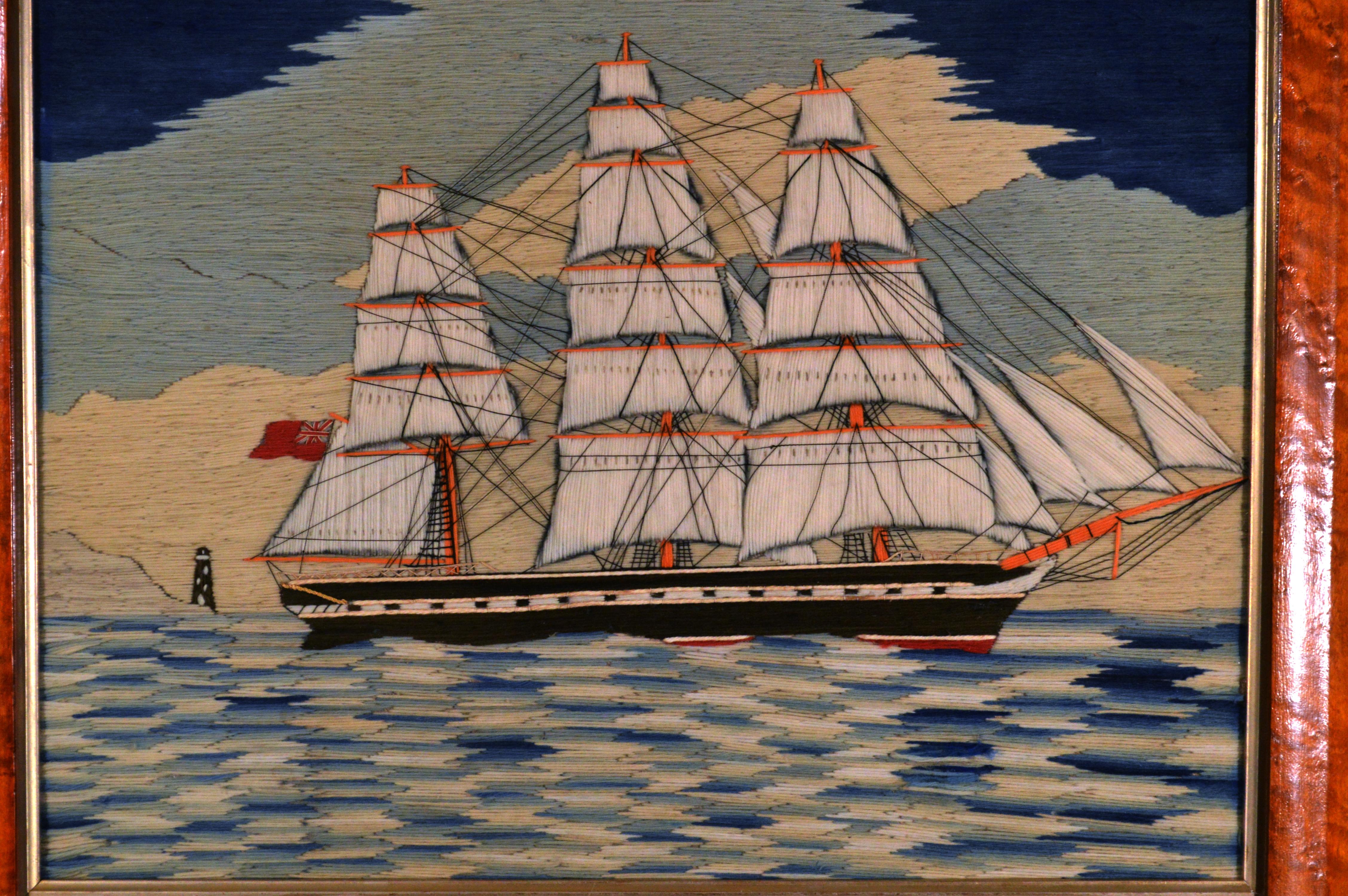 Folk Art British Sailor's Woolwork of a Merchant Navy Three Masted Ship, circa 1875