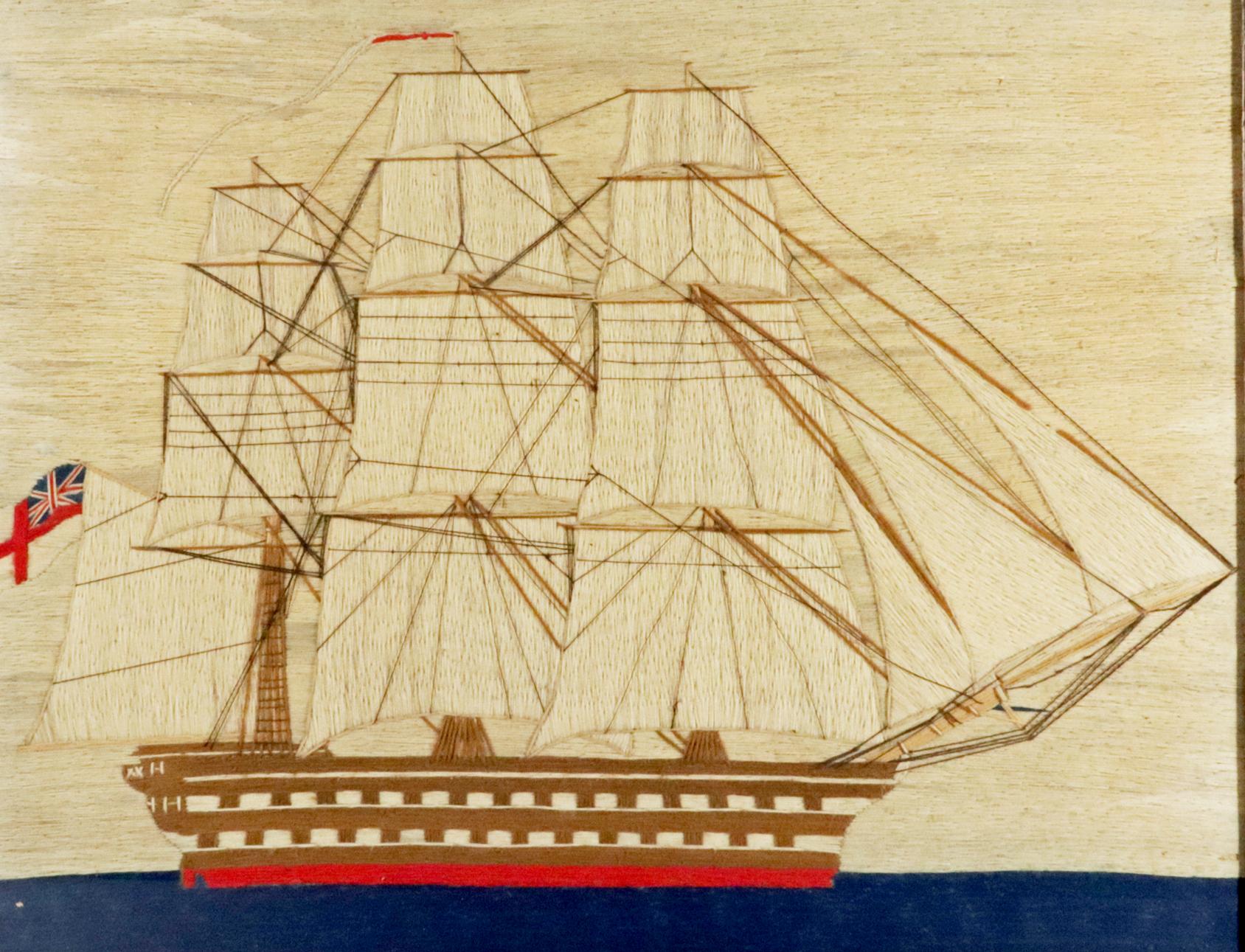 British Sailor's Woolwork of a Royal Navy Second Rate Battleship,
Circa 1875

The charming simple sailor's woolie depicts a starboard side view of a Royal Navy second rate battleship.  The ship is under sail on a calm flat blue sea. She flies the