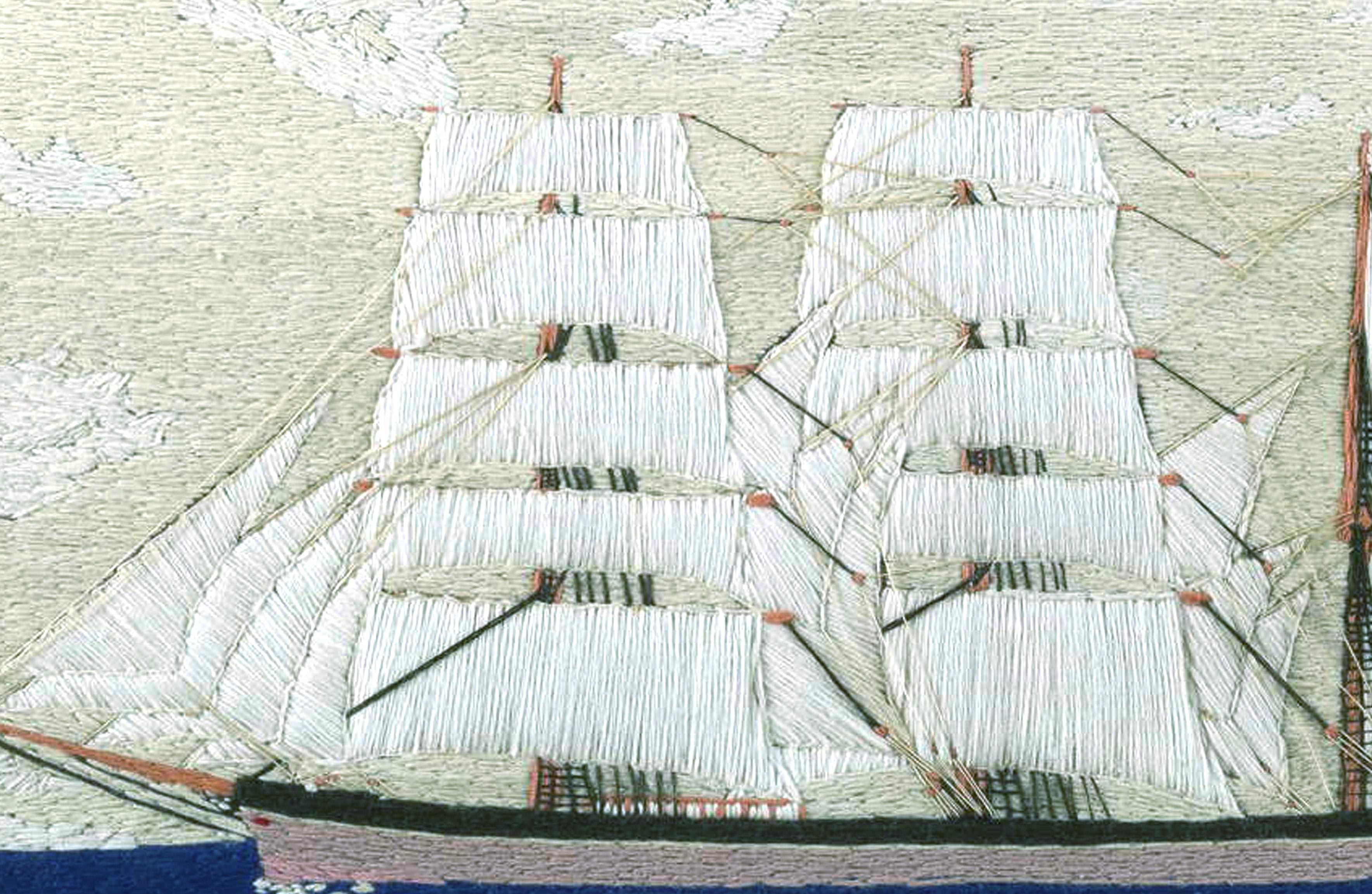 Folk Art British Sailor's Woolwork or Woolie of a Royal Navy Ship, circa 1870