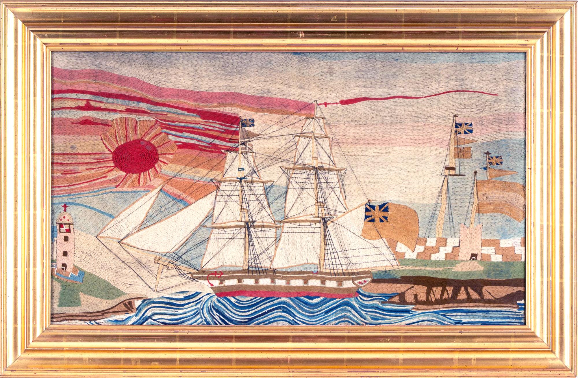 British Sailor's Woolwork Picture of a Royal Navy ship passing land with the sun setting in the background,
Circa 1870-80

The British sailor's woolie depicts a portside view of a Royal Navy Frigate flying the Red Ensign under full sail passing