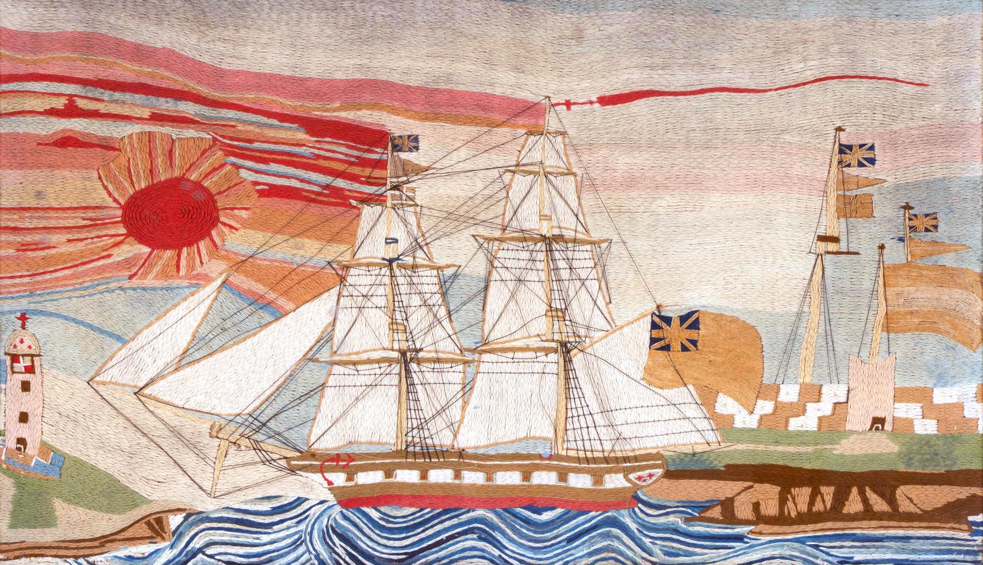 Folk Art British Sailor's Woolwork of a Royal Navy Ship Passing Land with the Sun Set