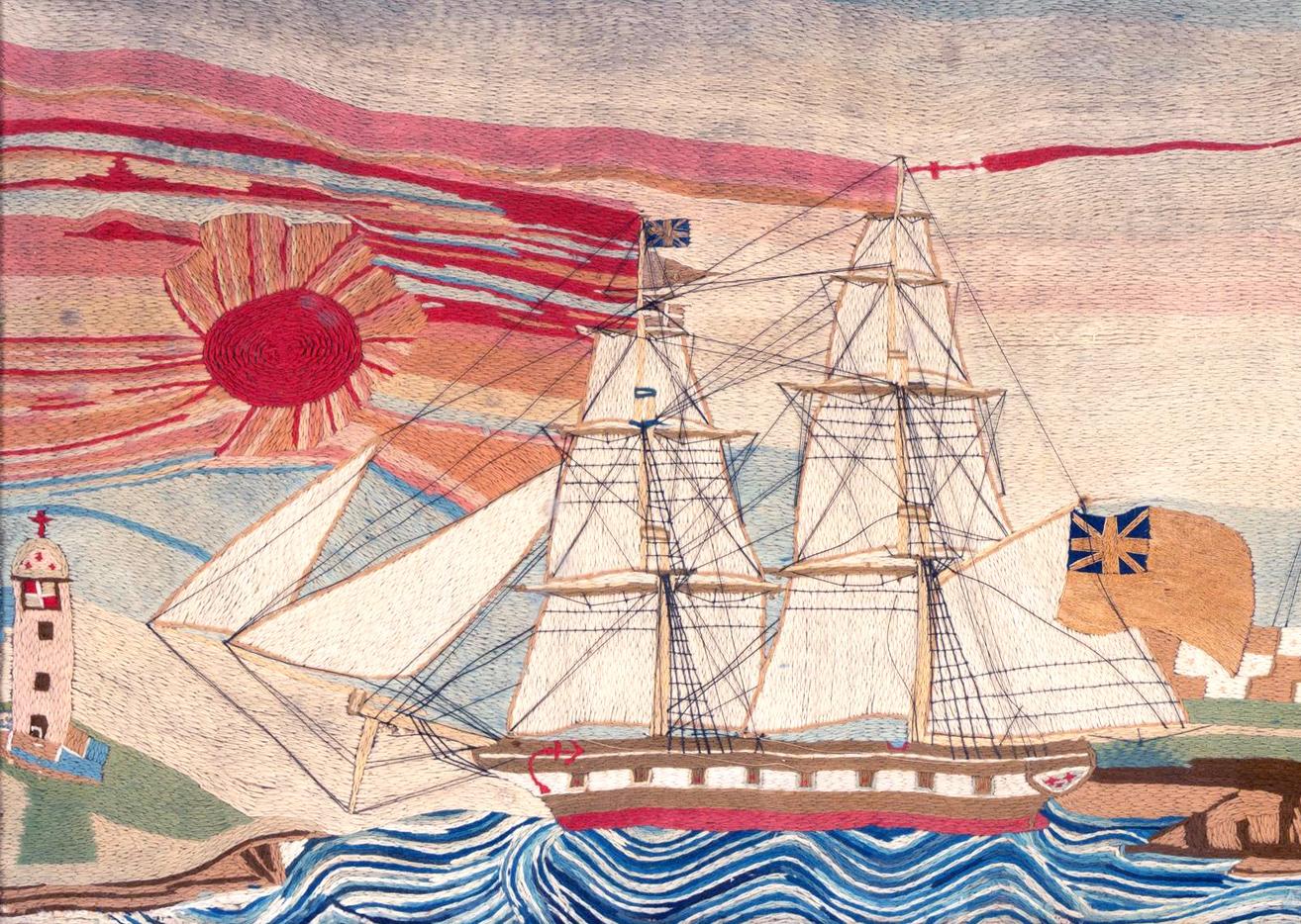British Sailor's Woolwork of a Royal Navy Ship Passing Land with the Sun Set In Good Condition In Downingtown, PA