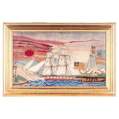 British Sailor's Woolwork of a Royal Navy Ship Passing Land with the Sun Set