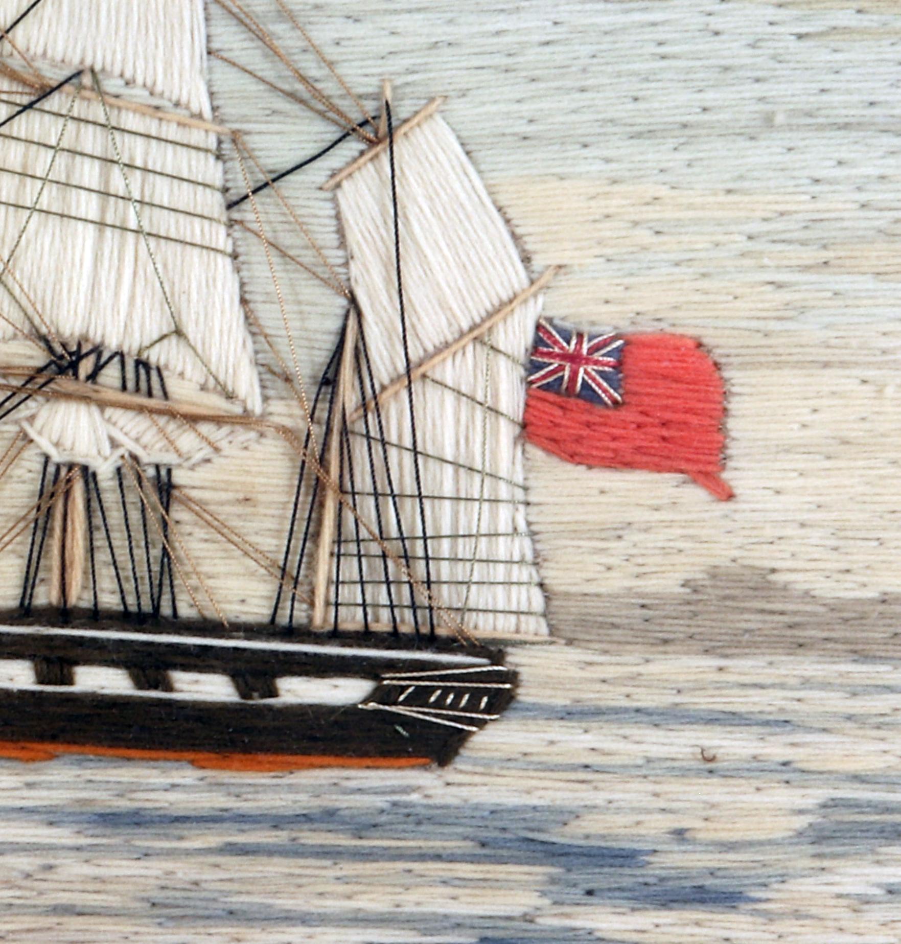 Victorian British Sailor's Woolwork of a Royal Navy Ship with Red Ensign For Sale