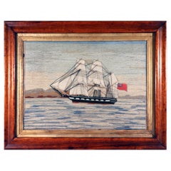 Opera in lana di un marinaio britannico raffigurante una nave della Royal Navy con bandiera rossa