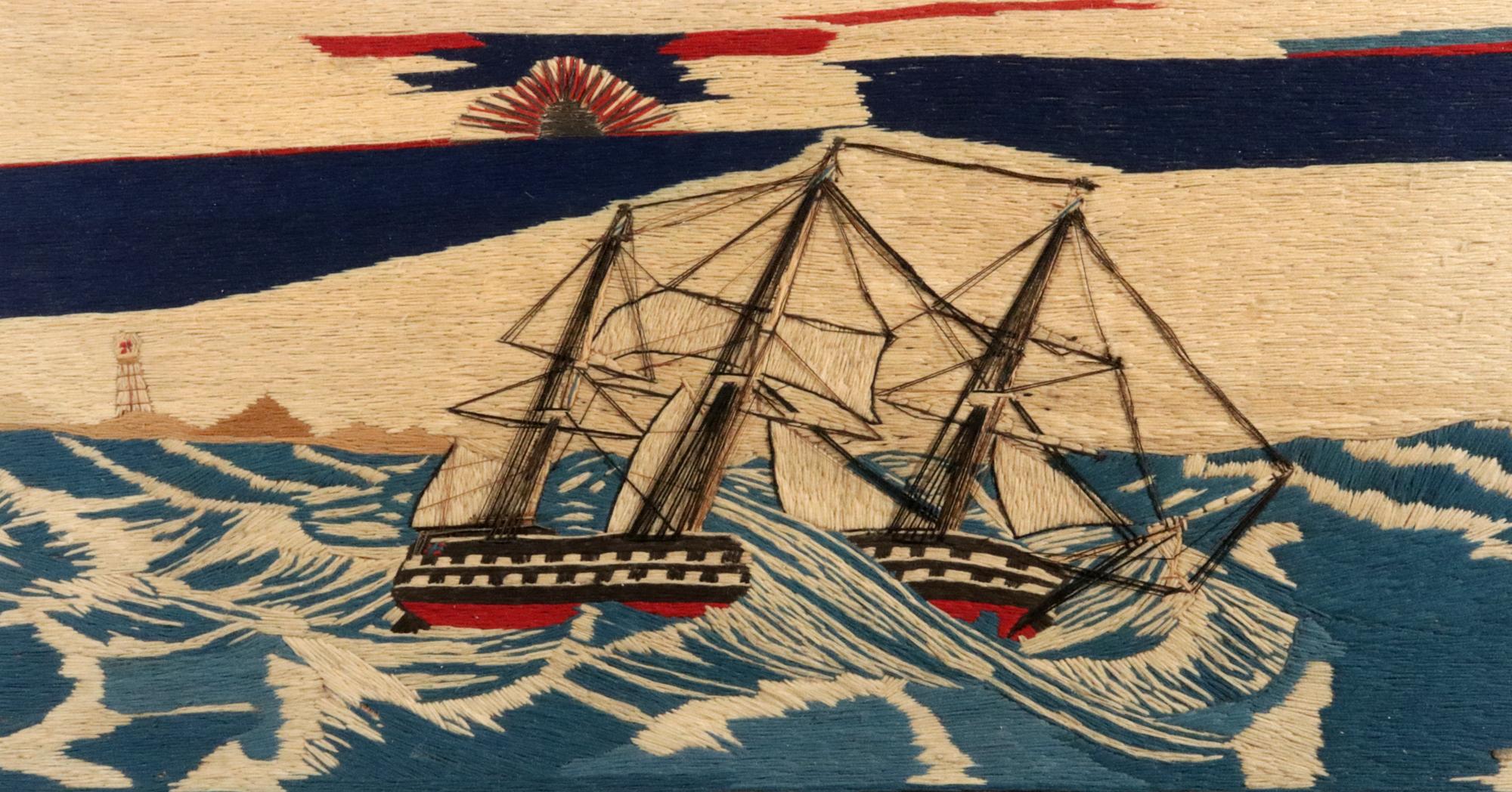 British Sailor's Woolwork of a Ship in Rough Seas,
Circa 1875

The British sailor's woolie depicts a starboard view of a three-masted ship under sail in extremely rough weather as the ship sails away from the coastline.  The sea is rough and with