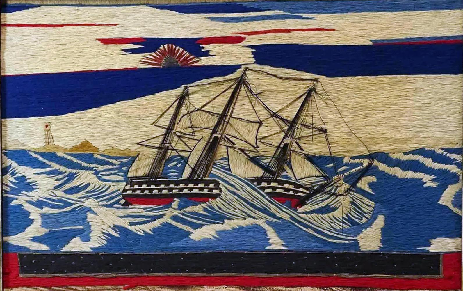 Late 19th Century British Sailor's Woolwork of a Ship in Dramatic Seas off a Coastline