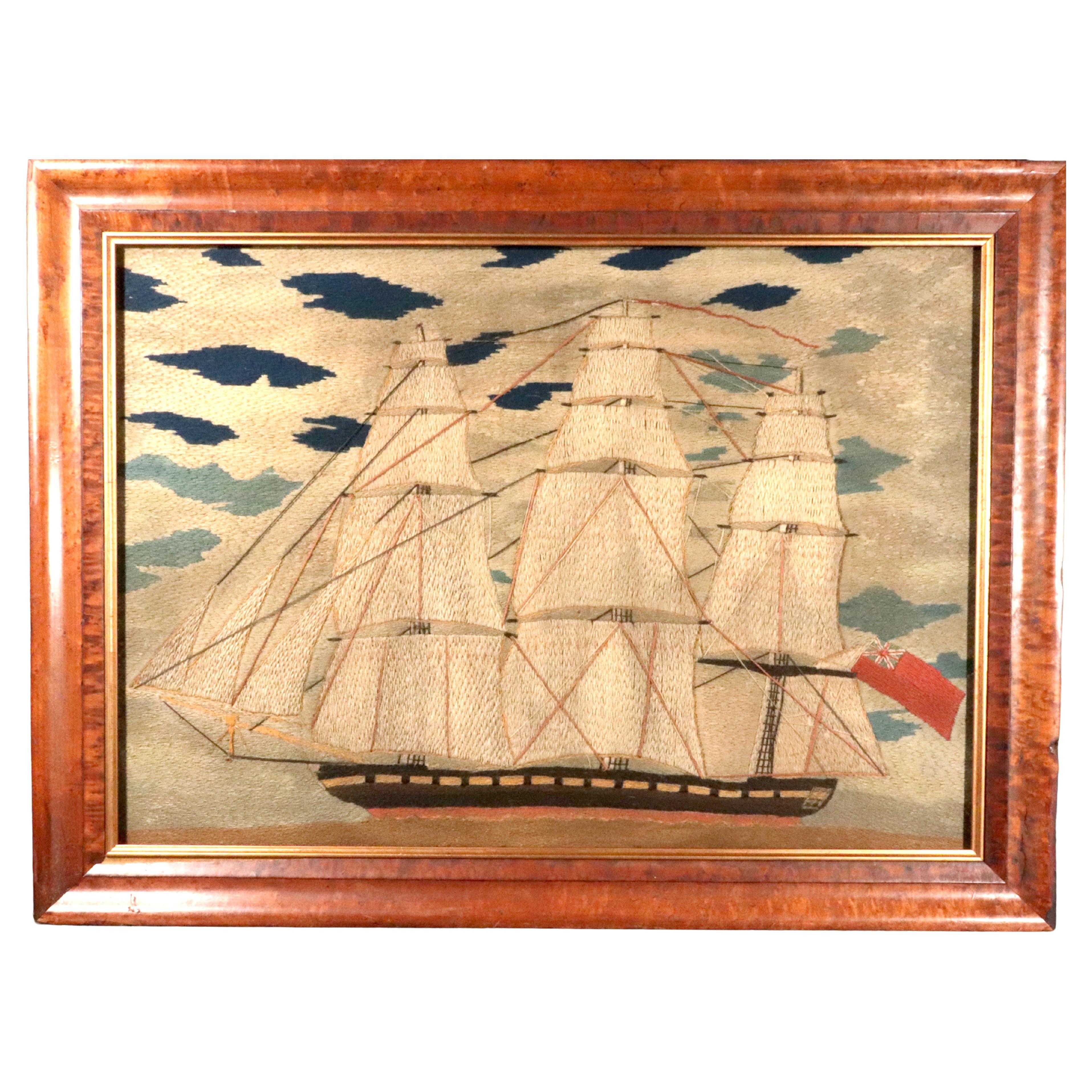 British Sailor's Woolwork of a Tea Clipper,
Circa 1875

The large sailor's woolwork or woolie as they are also called depicts a port side view of a tea clipper ship.  The three masted ship is under full sail out to sea.  The ship mostly fills the