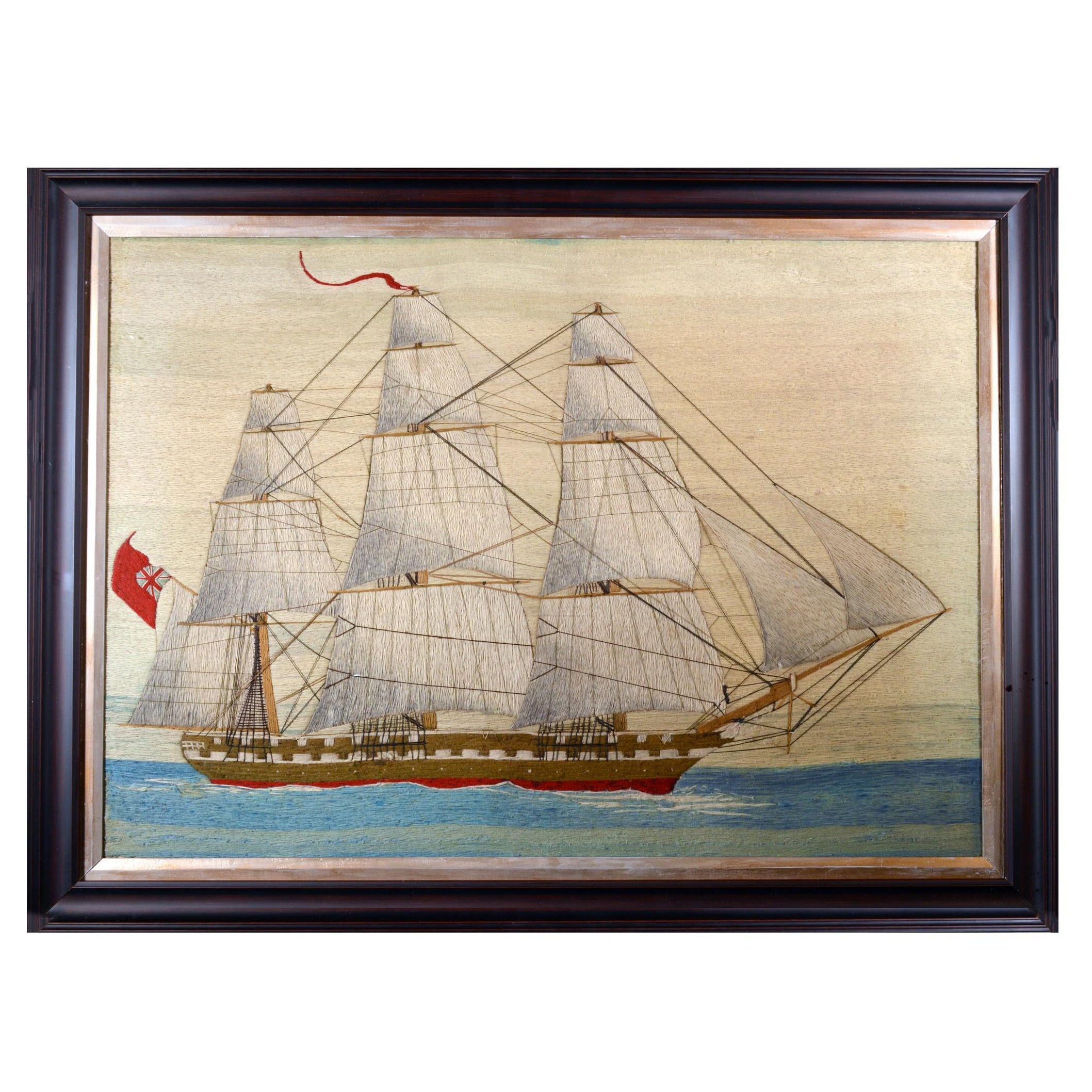 British Sailor’s Woolwork of a Three-Masted Ship Flying the Red Ensign Circa 186