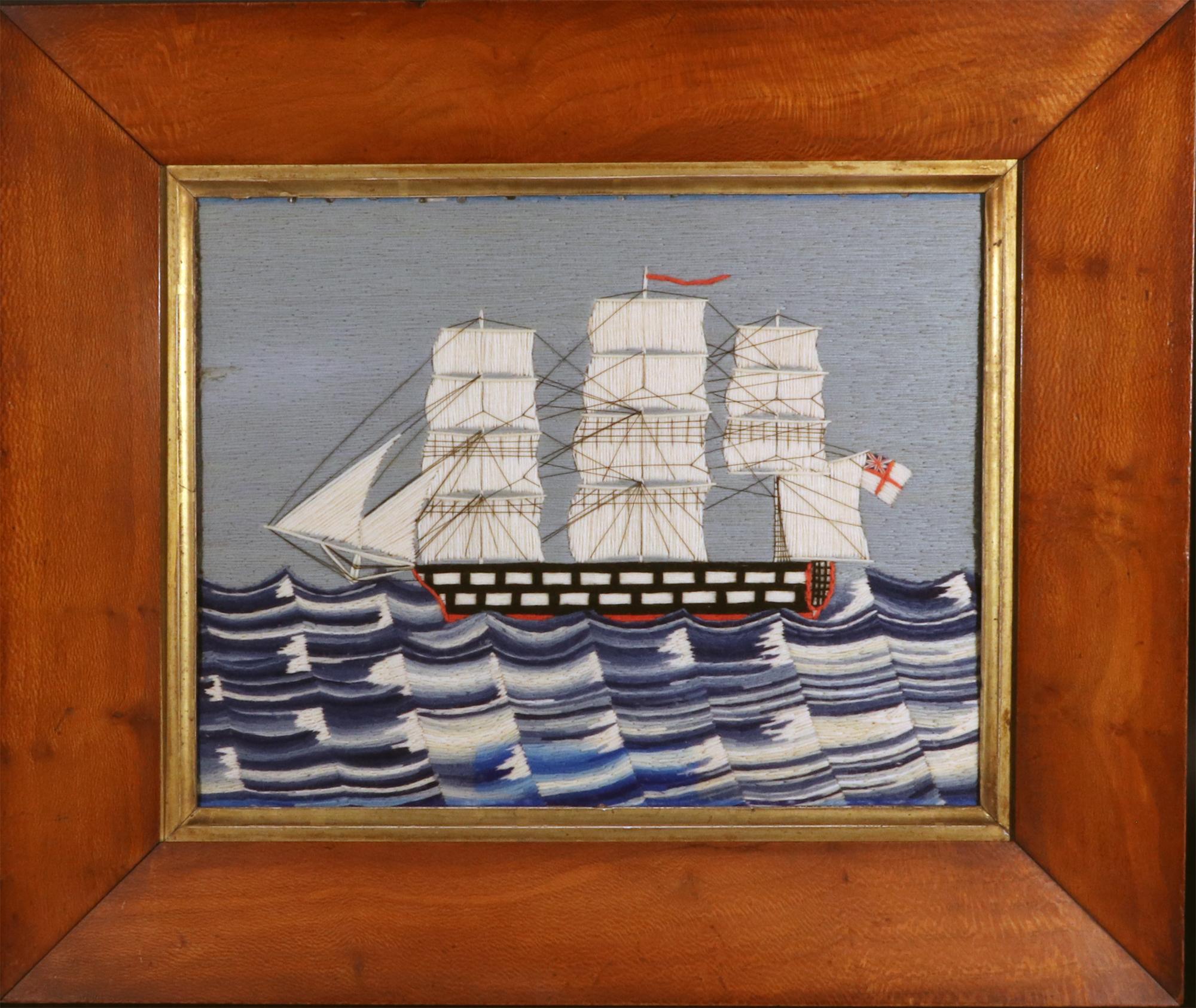 British Sailor's Woolwork of British Royal Navy Ship,
CIRCA 1875

Ein Matrosenwollwerk mit einer Backbordansicht eines zweitklassigen Schiffes der Royal Navy unter vollen Segeln auf einer schön dargestellten kabbeligen See mit weißen Spitzen in